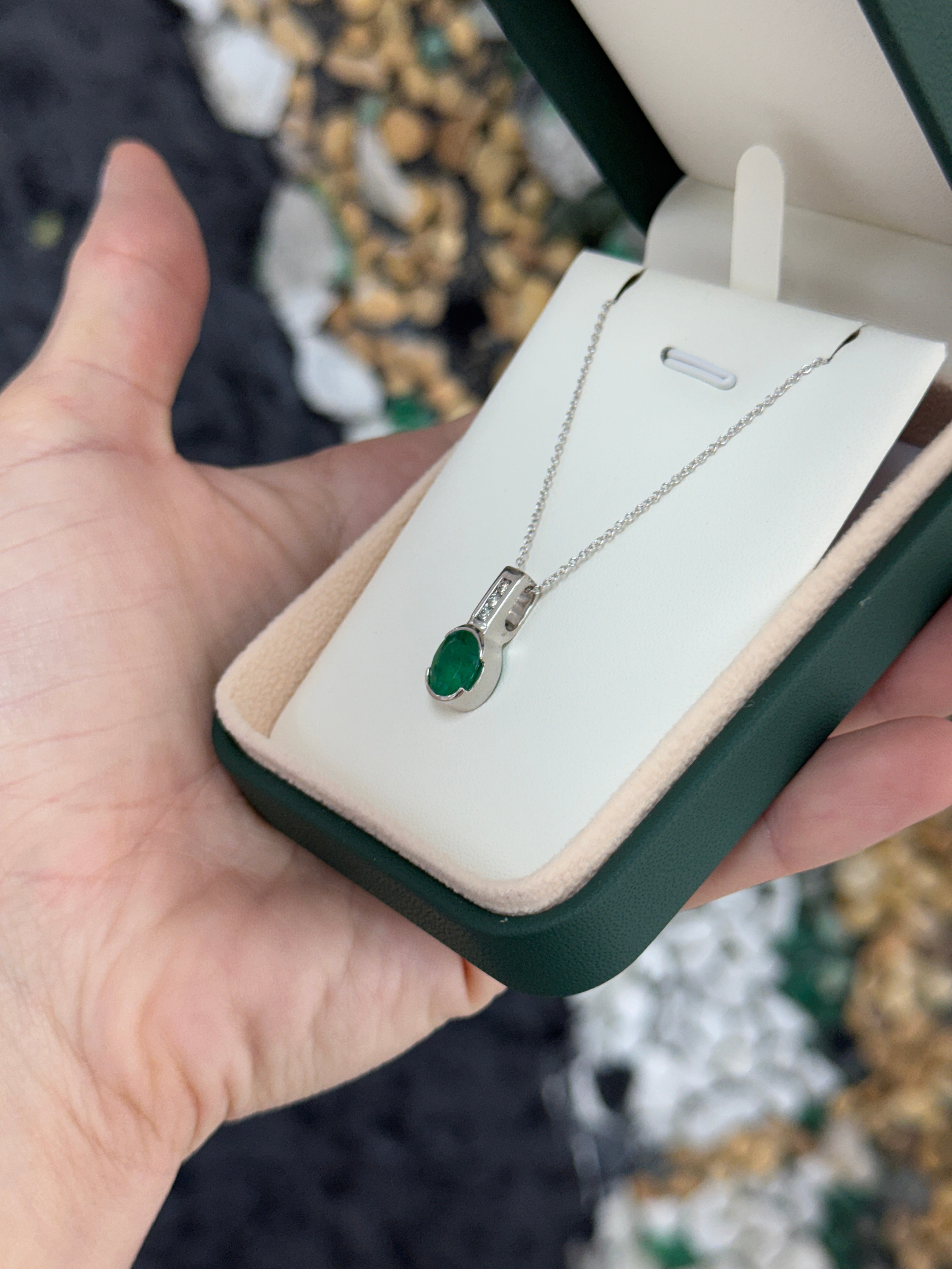 2.25tcw 14K Rich Oval Cut Emerald Half Bezel Set & Diamond Bale Accents