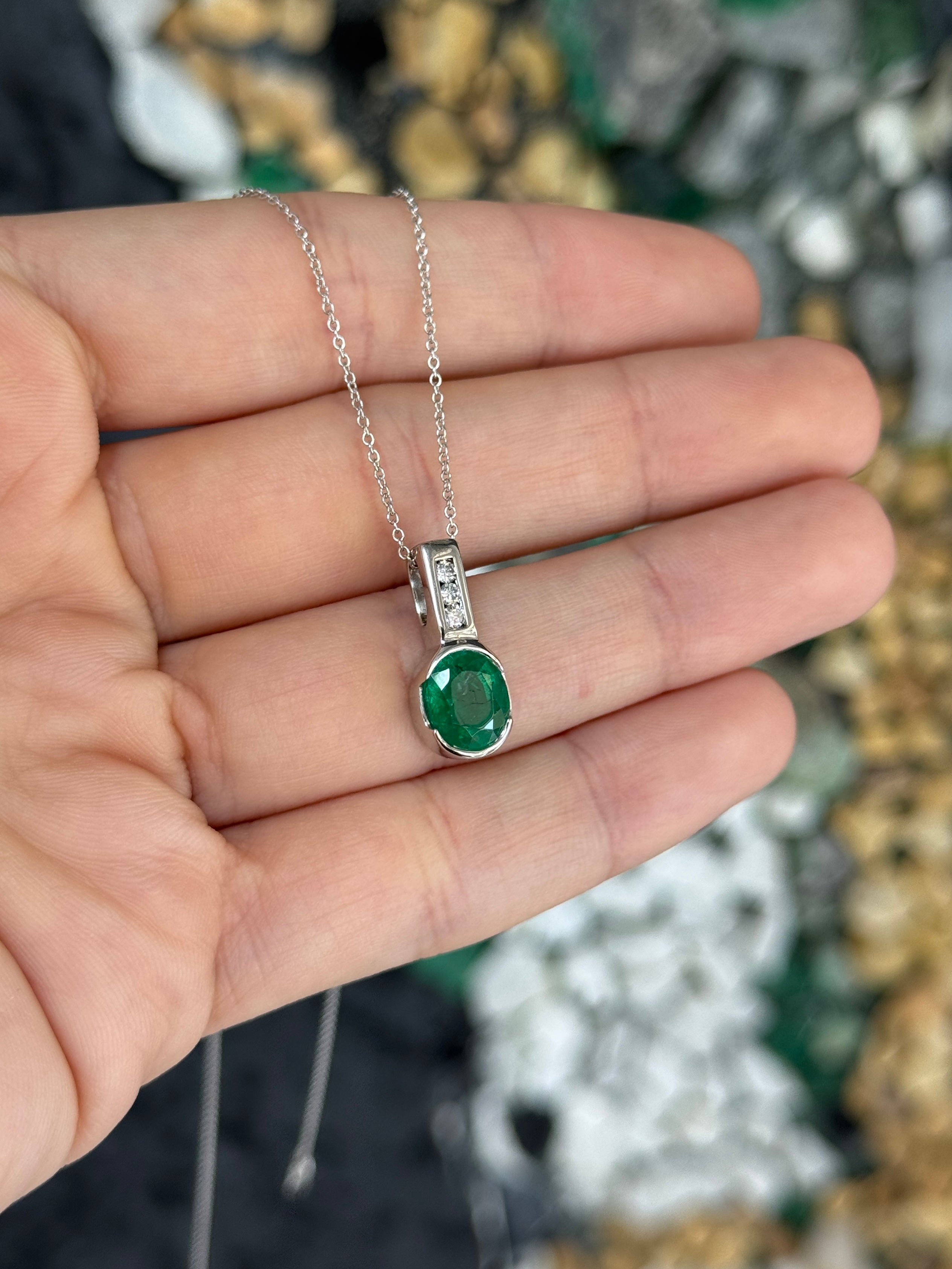 2.25tcw 14K Rich Oval Cut Emerald Half Bezel Set & Diamond Bale Accents