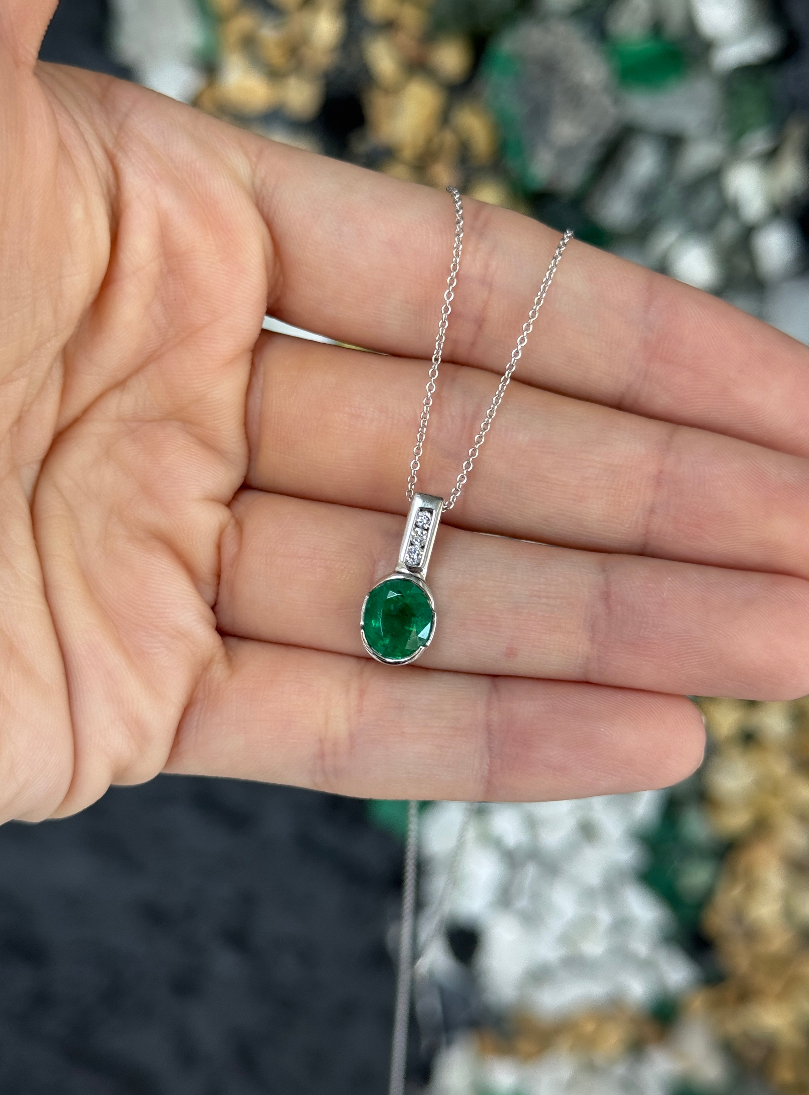 2.25tcw 14K Rich Oval Cut Emerald Half Bezel Set & Diamond Bale Accents