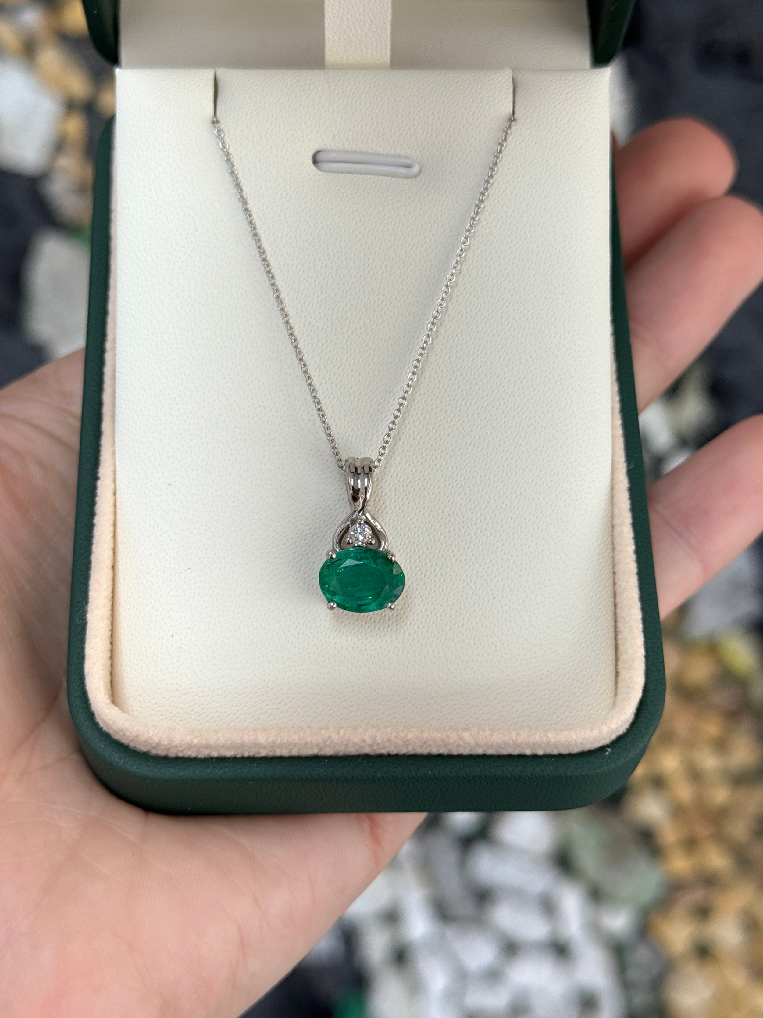 2.44tcw 14K Natural Bluish Green Oval Cut Emerald & Diamond Accent White Gold Pendant Necklace