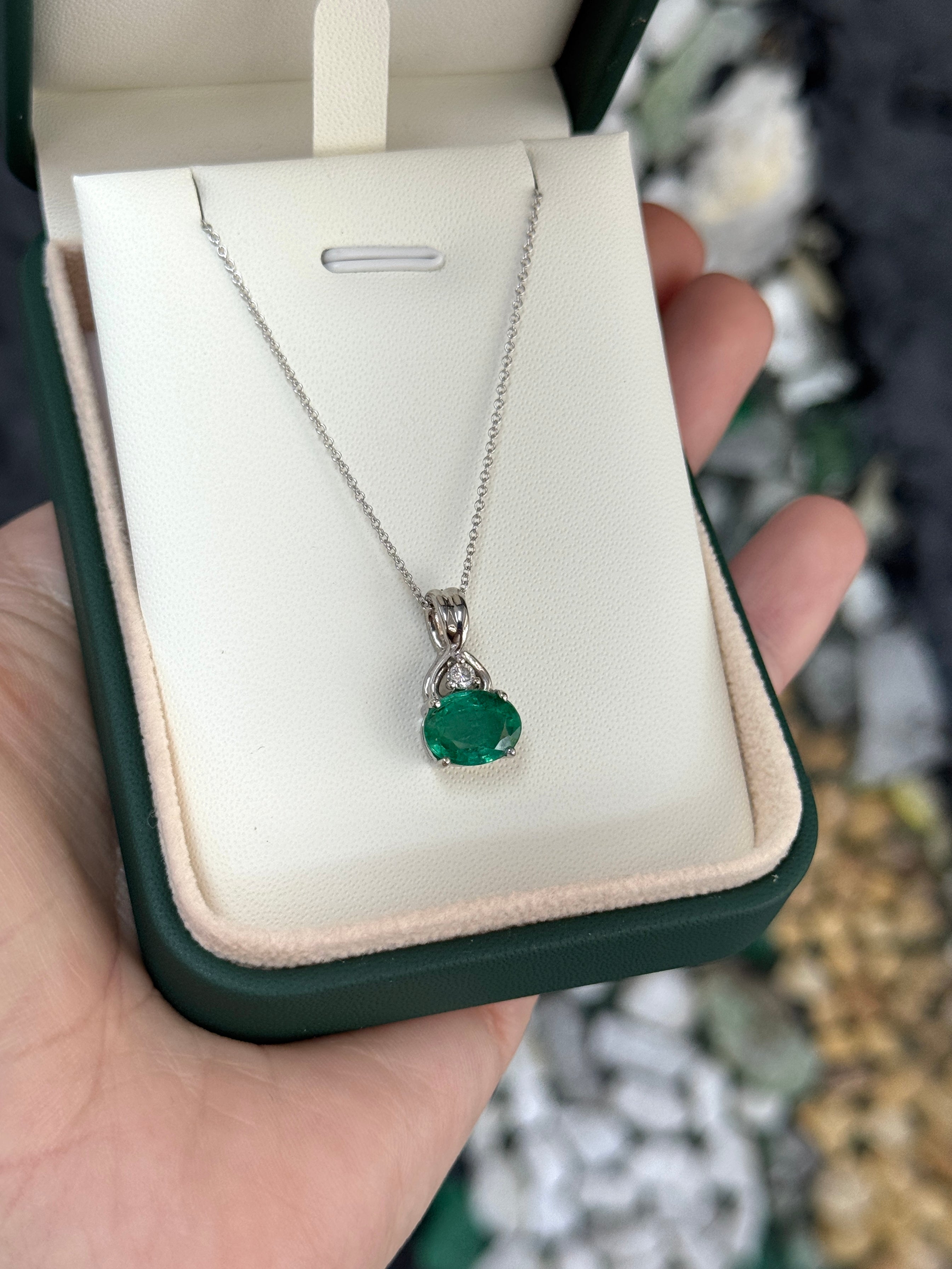 2.44tcw 14K Natural Bluish Green Oval Cut Emerald & Diamond Accent White Gold Pendant Necklace