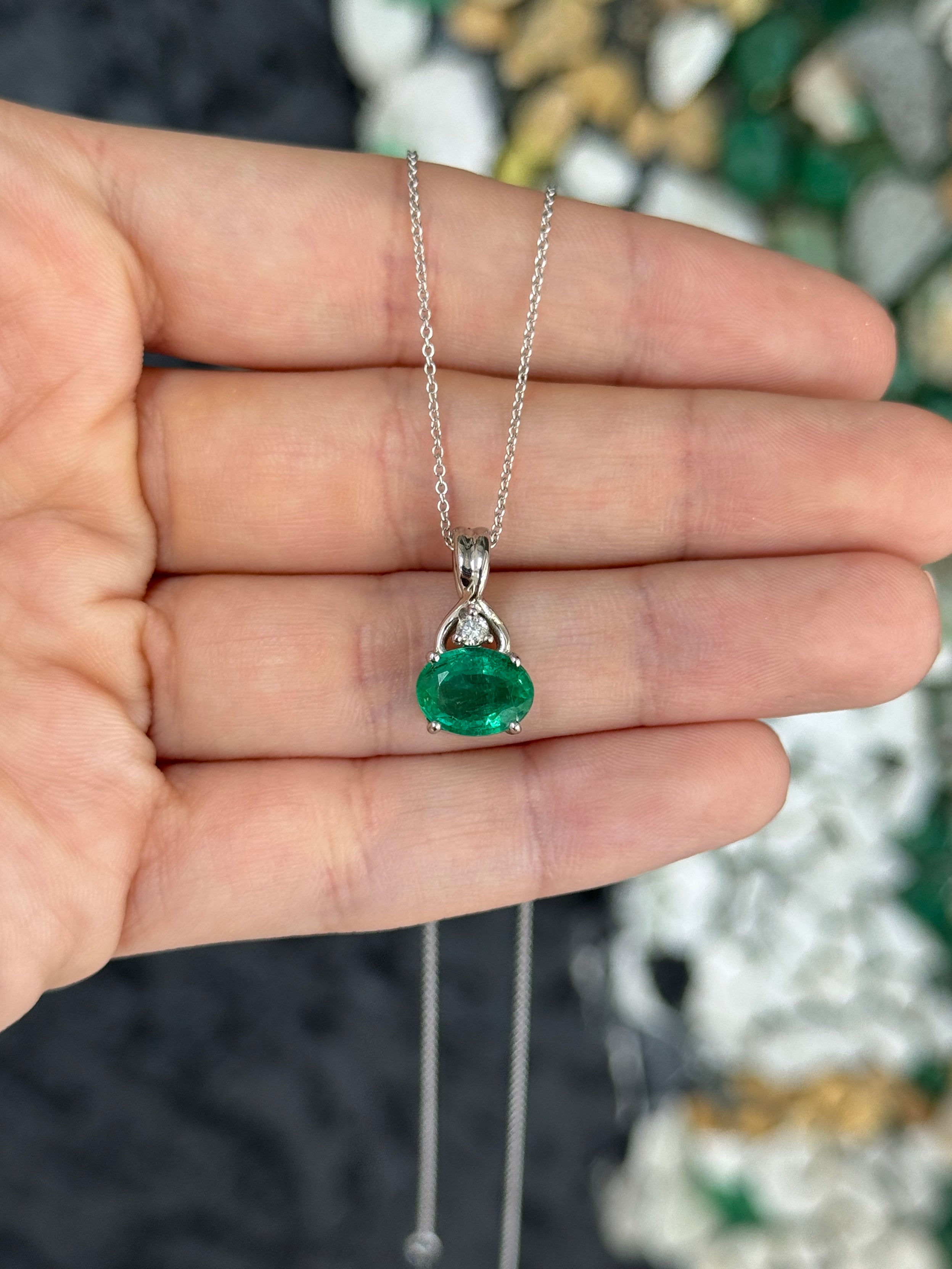 2.44tcw 14K Natural Bluish Green Oval Cut Emerald & Diamond Accent White Gold Pendant Necklace