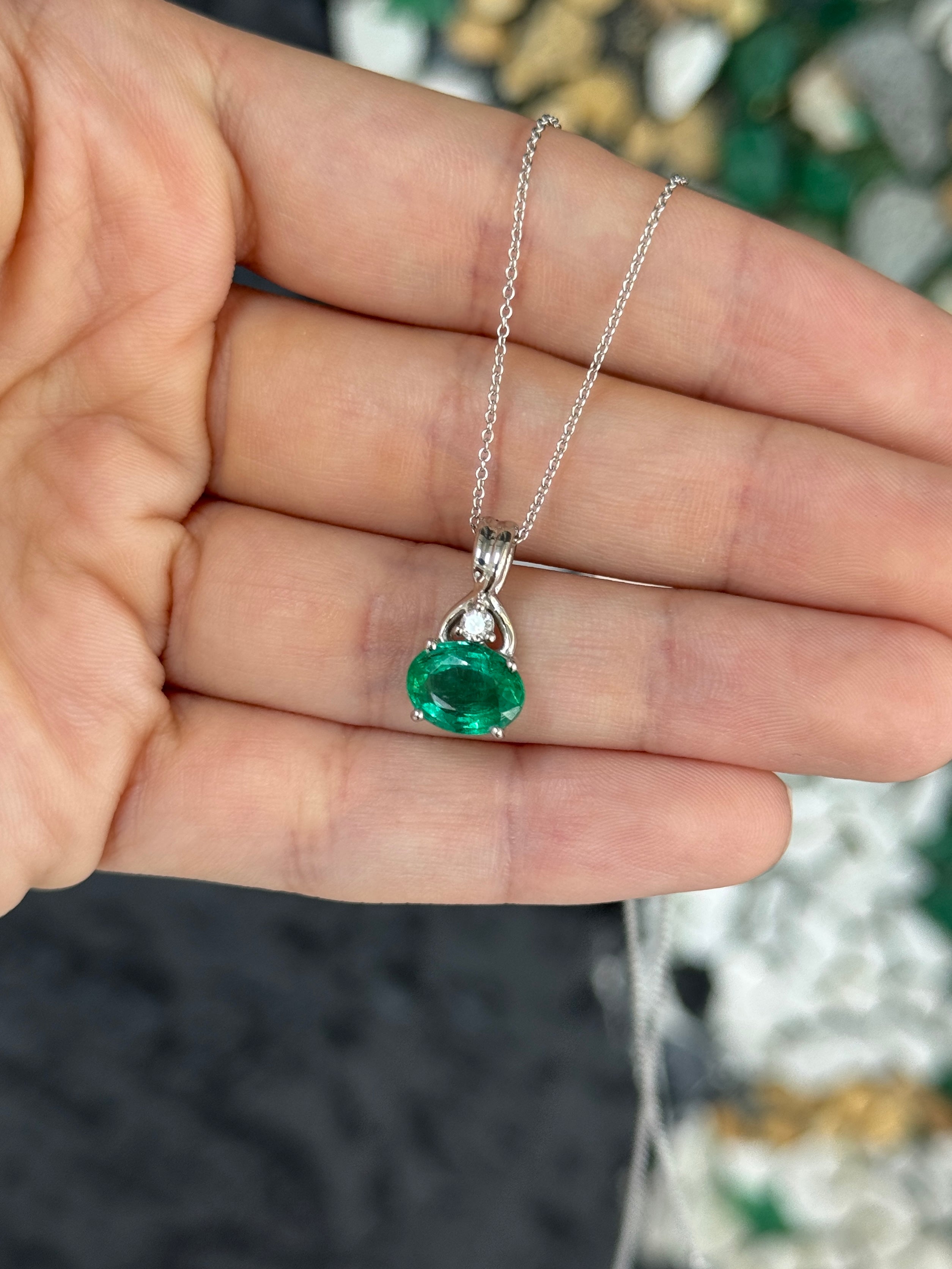 2.44tcw 14K Natural Bluish Green Oval Cut Emerald & Diamond Accent White Gold Pendant Necklace