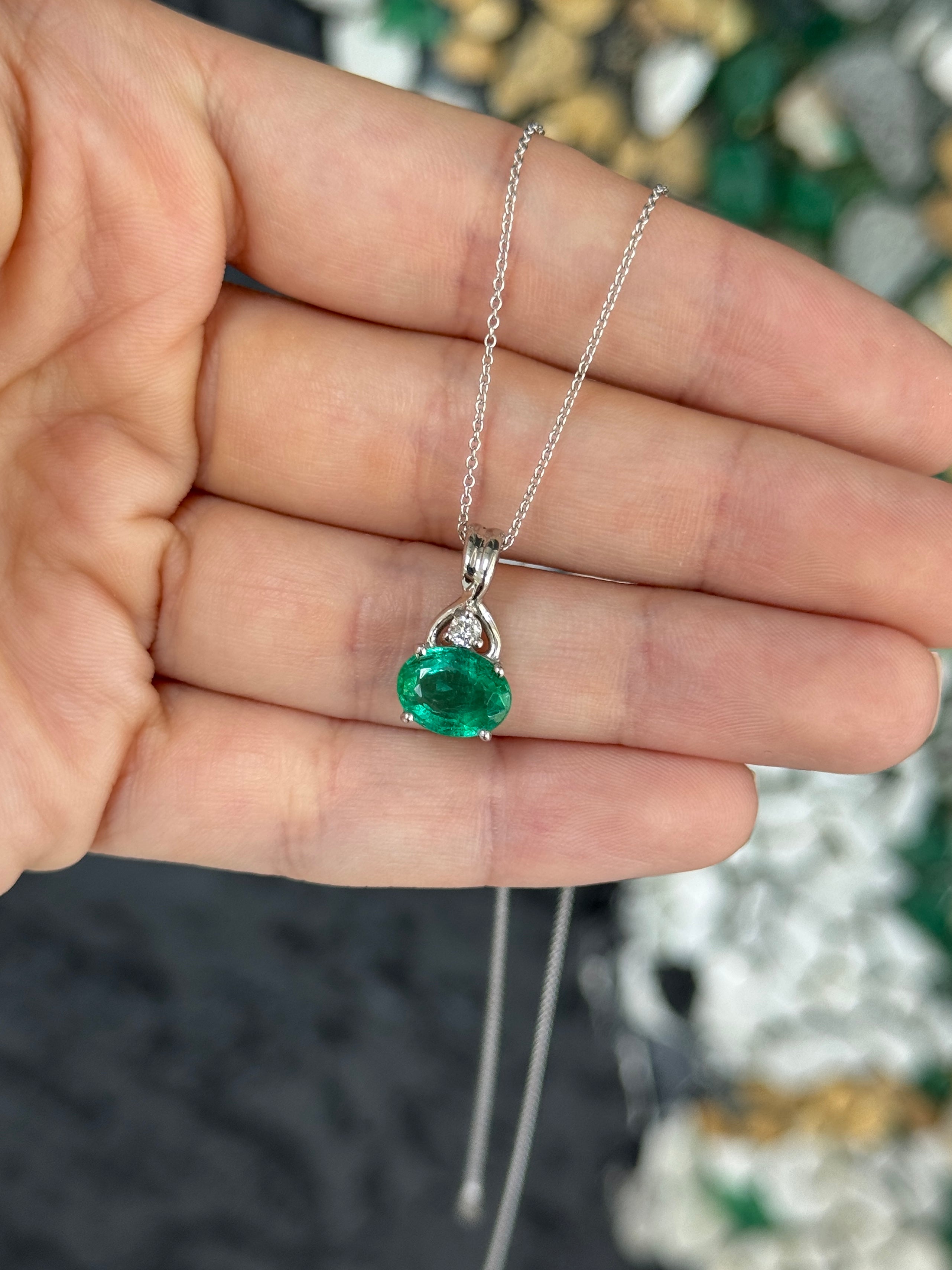 2.44tcw 14K Natural Bluish Green Oval Cut Emerald & Diamond Accent White Gold Pendant Necklace