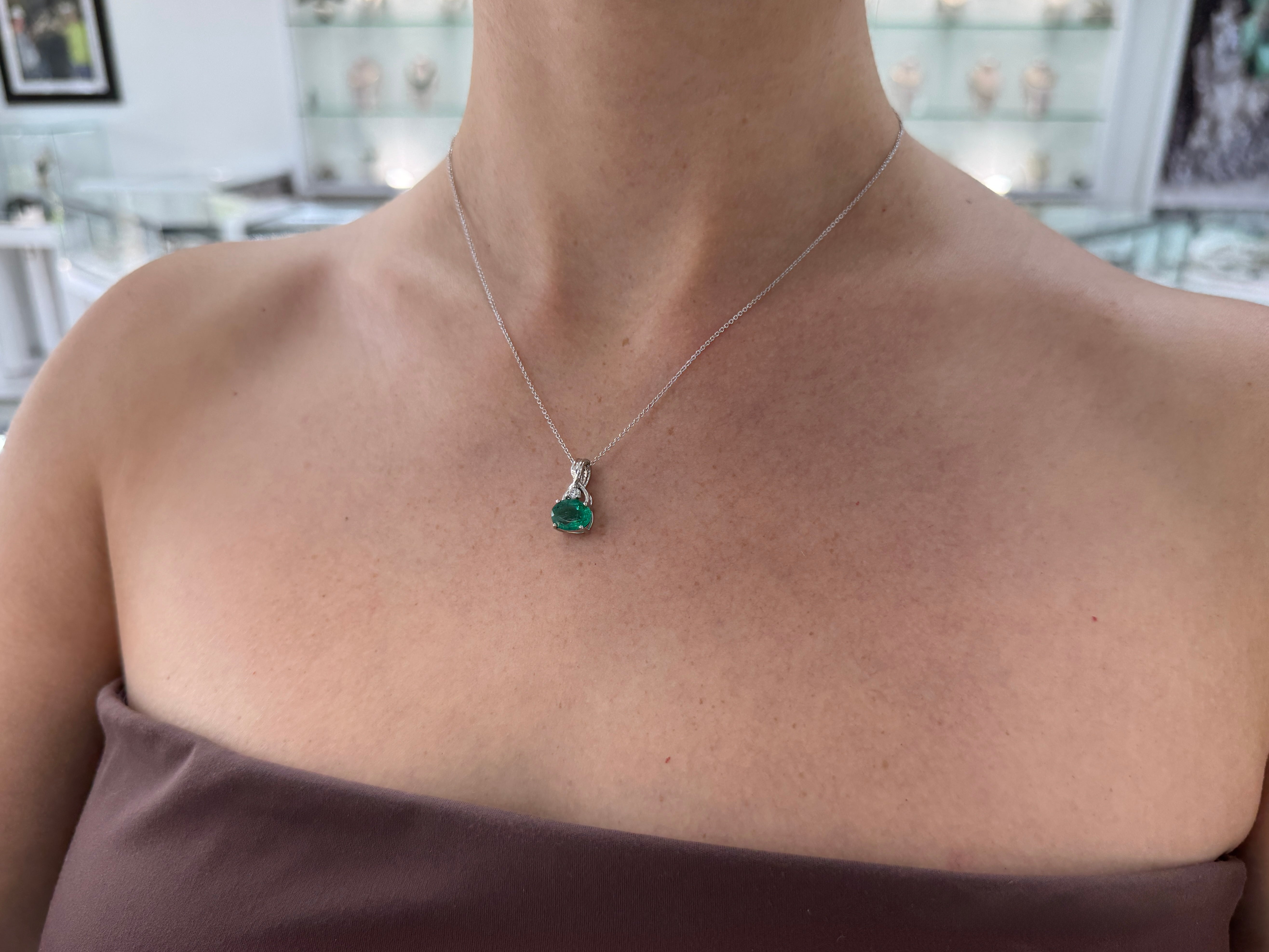 2.44tcw 14K Natural Bluish Green Oval Cut Emerald & Diamond Accent White Gold Pendant Necklace