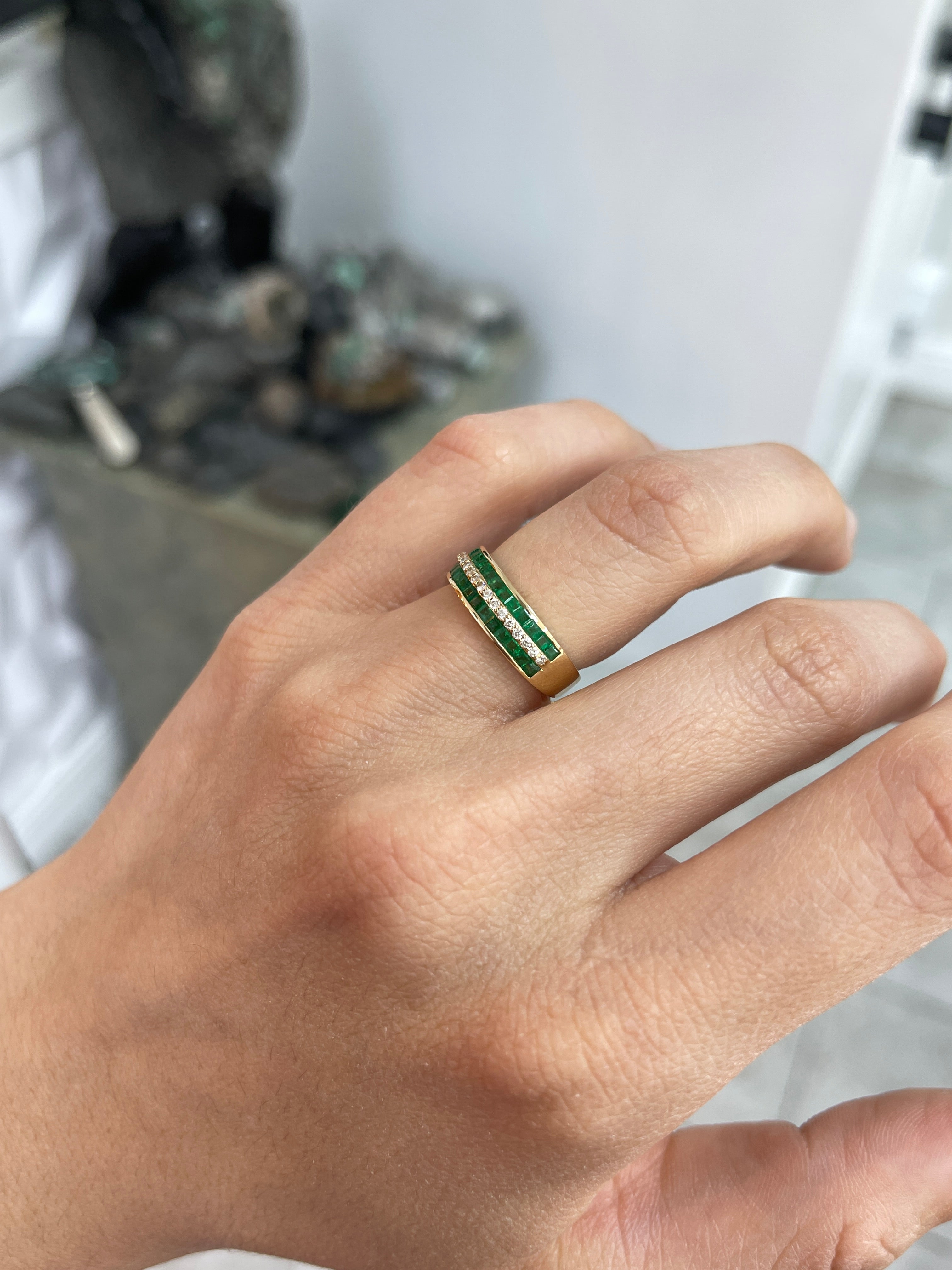 Three Row Square Emerald & Diamond Wedding Band 6mm 14K Gold - JR Colombian Emeralds