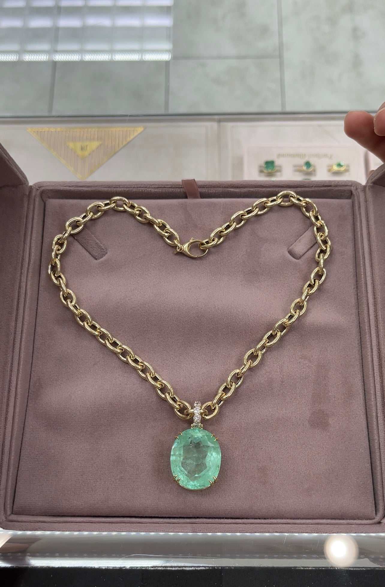 63.14 Carat Light Green Real, Natural Oval Colombian Emerald & Diamond 18K Pendant - JR Colombian Emeralds