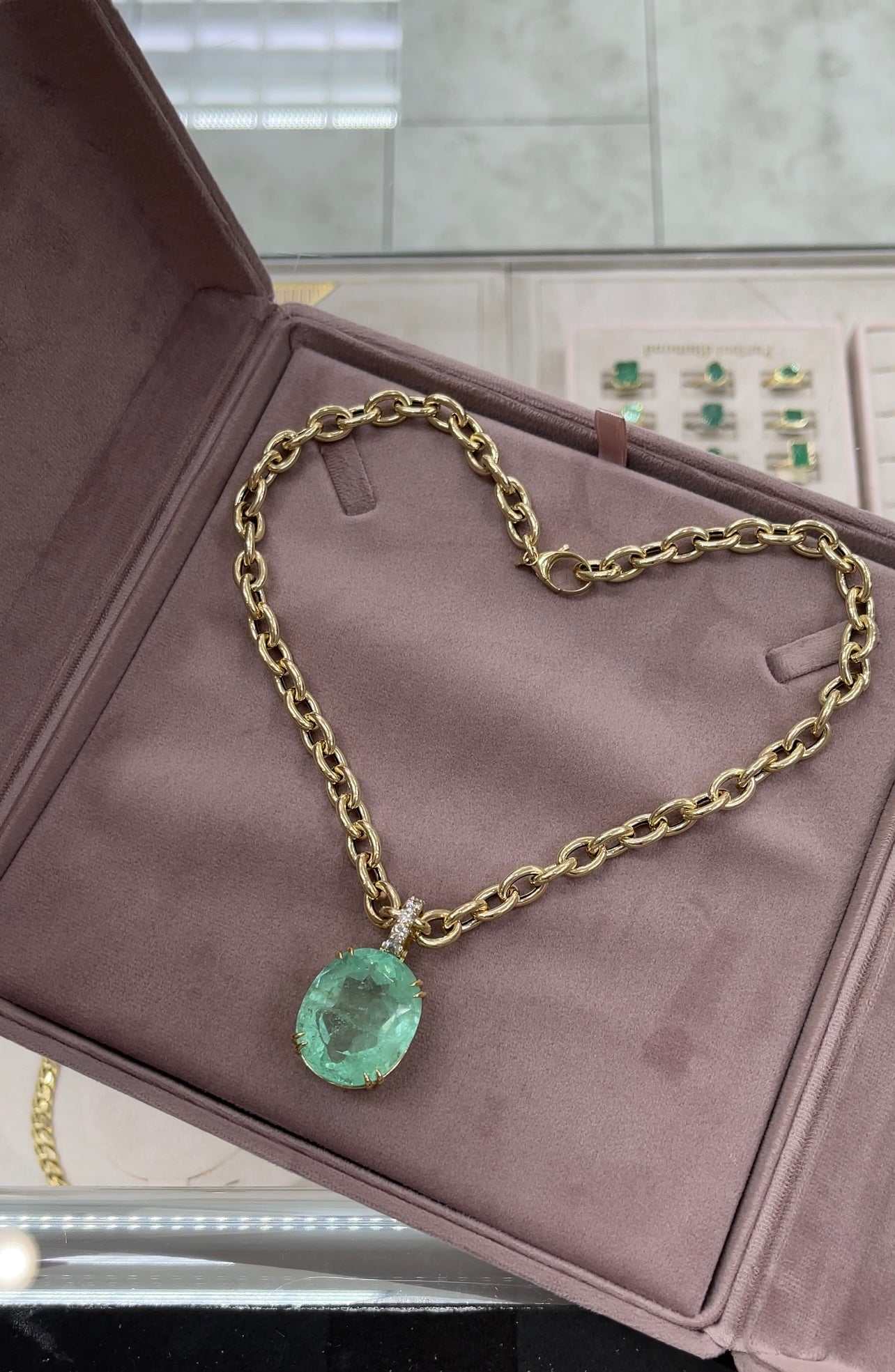 63.14 Carat Light Green Real, Natural Oval Colombian Emerald & Diamond 18K Pendant - JR Colombian Emeralds