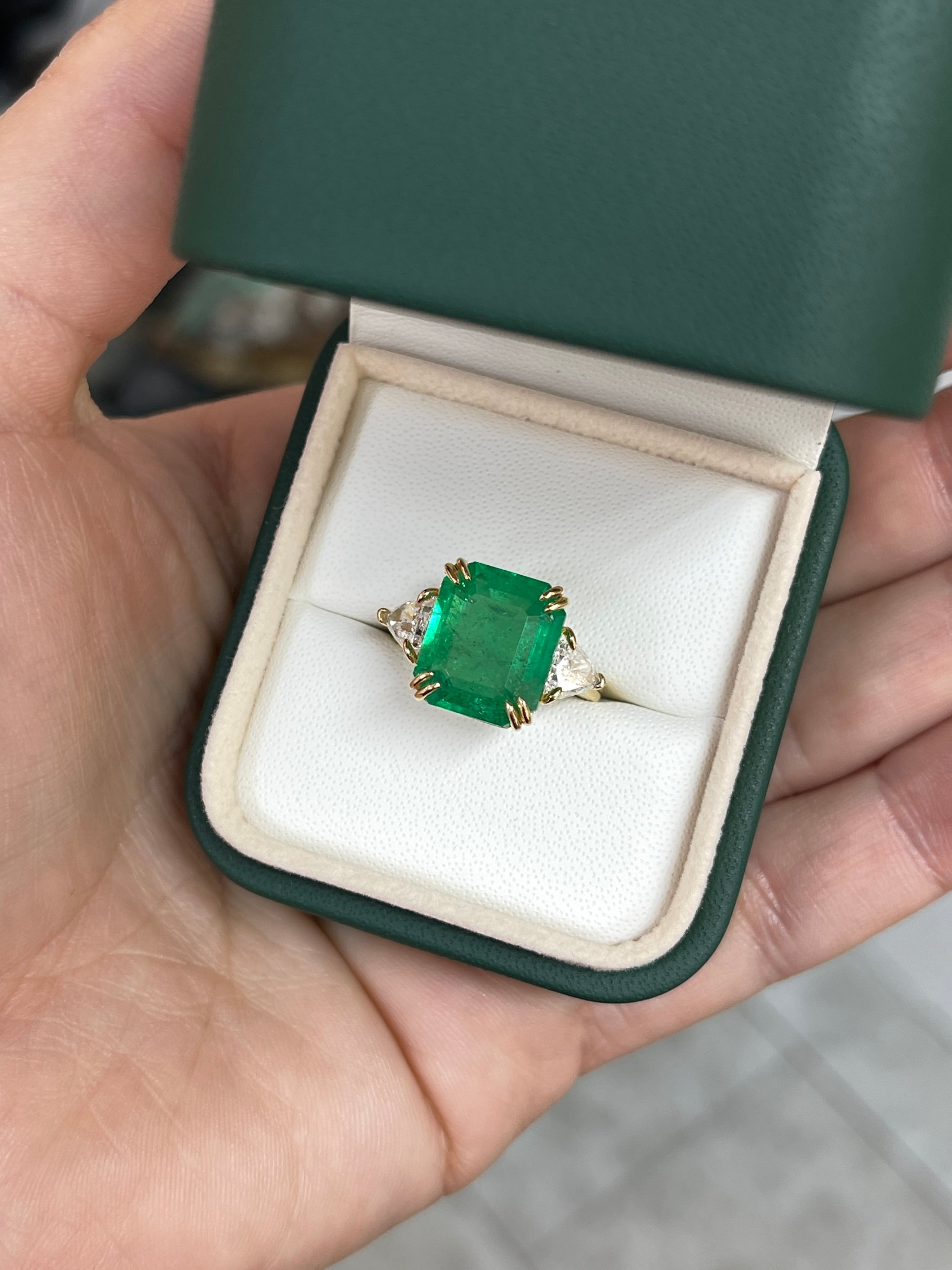 7.15tcw Muzo Colombian Emerald & Natural Trillion Diamond Three Stone 18K - JR Colombian Emeralds