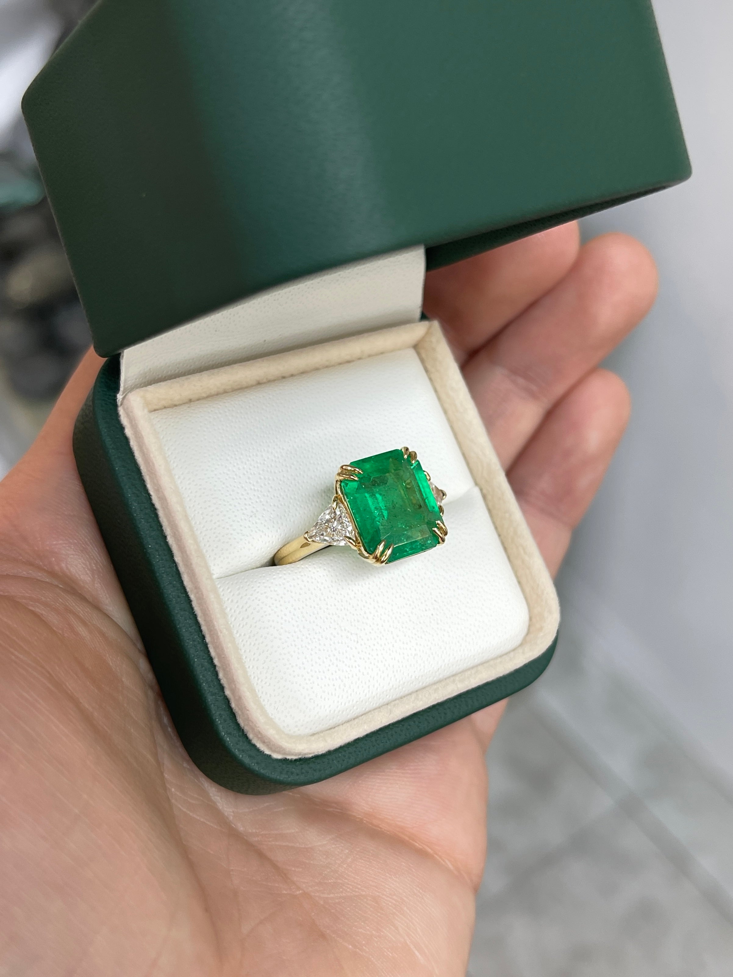7.15tcw Muzo Colombian Emerald & Natural Trillion Diamond Three Stone 18K - JR Colombian Emeralds