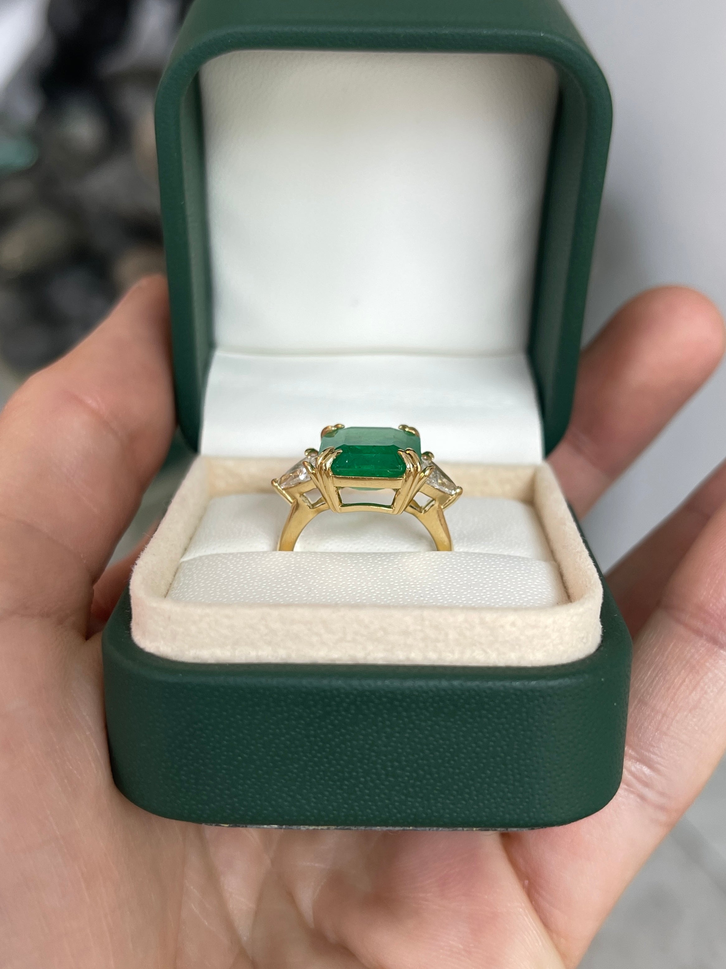 7.15tcw Muzo Colombian Emerald & Natural Trillion Diamond Three Stone 18K - JR Colombian Emeralds