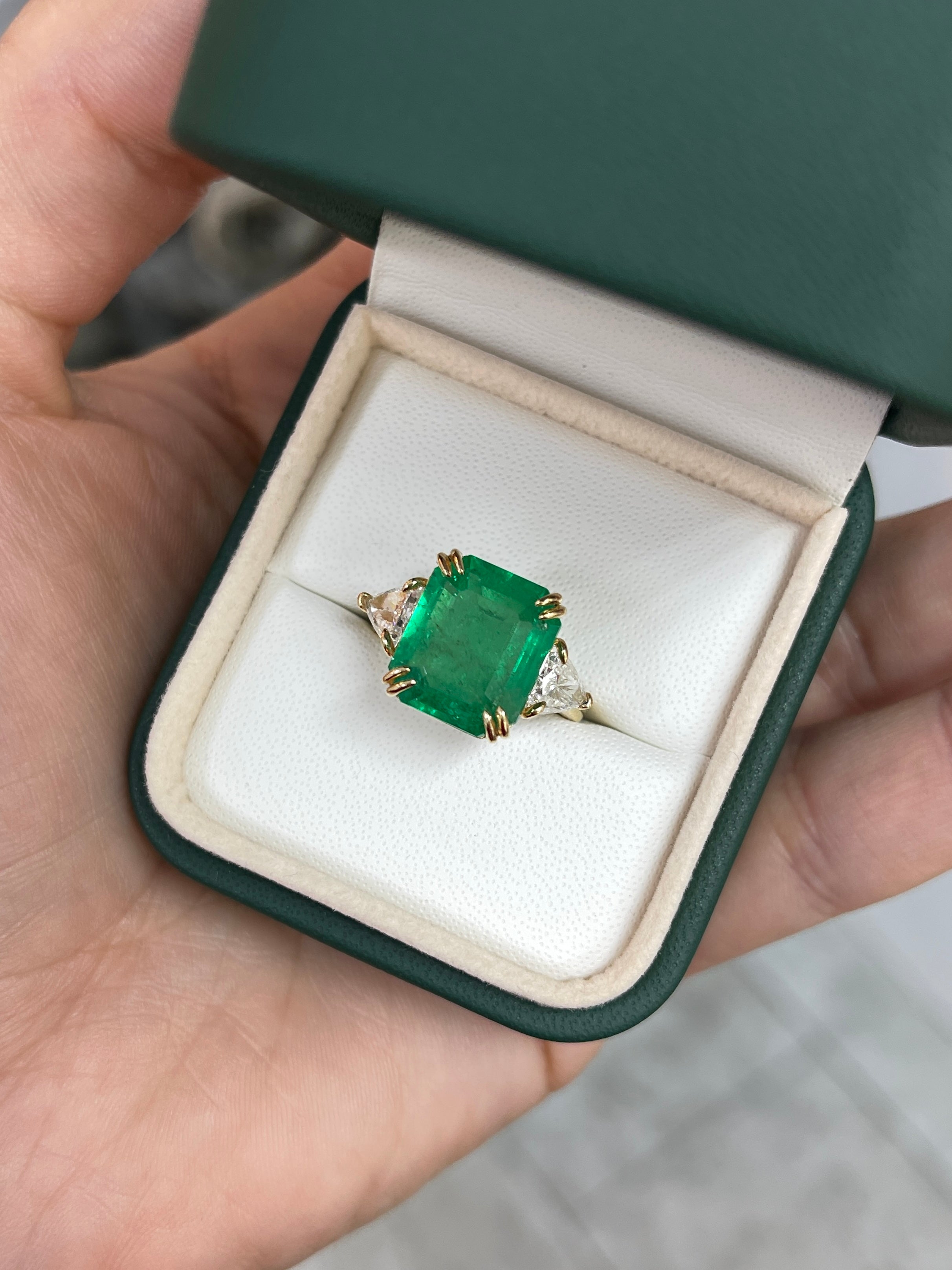 7.15tcw Muzo Colombian Emerald & Natural Trillion Diamond Three Stone 18K - JR Colombian Emeralds