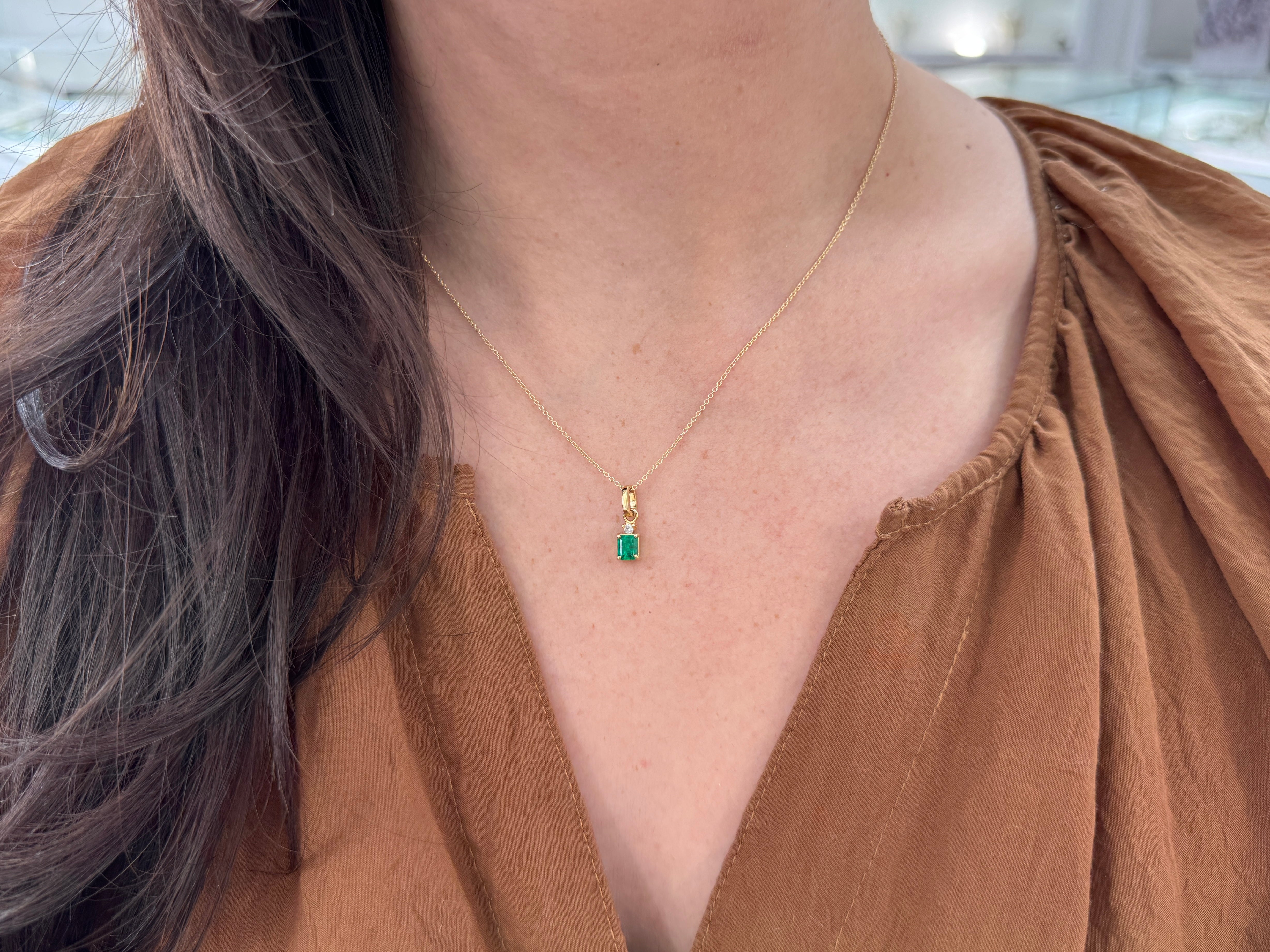 1.40tcw AAA+ Muzo Emerald Cut Colombian Emerald Solitaire Pendant with Diamond Accent 18K