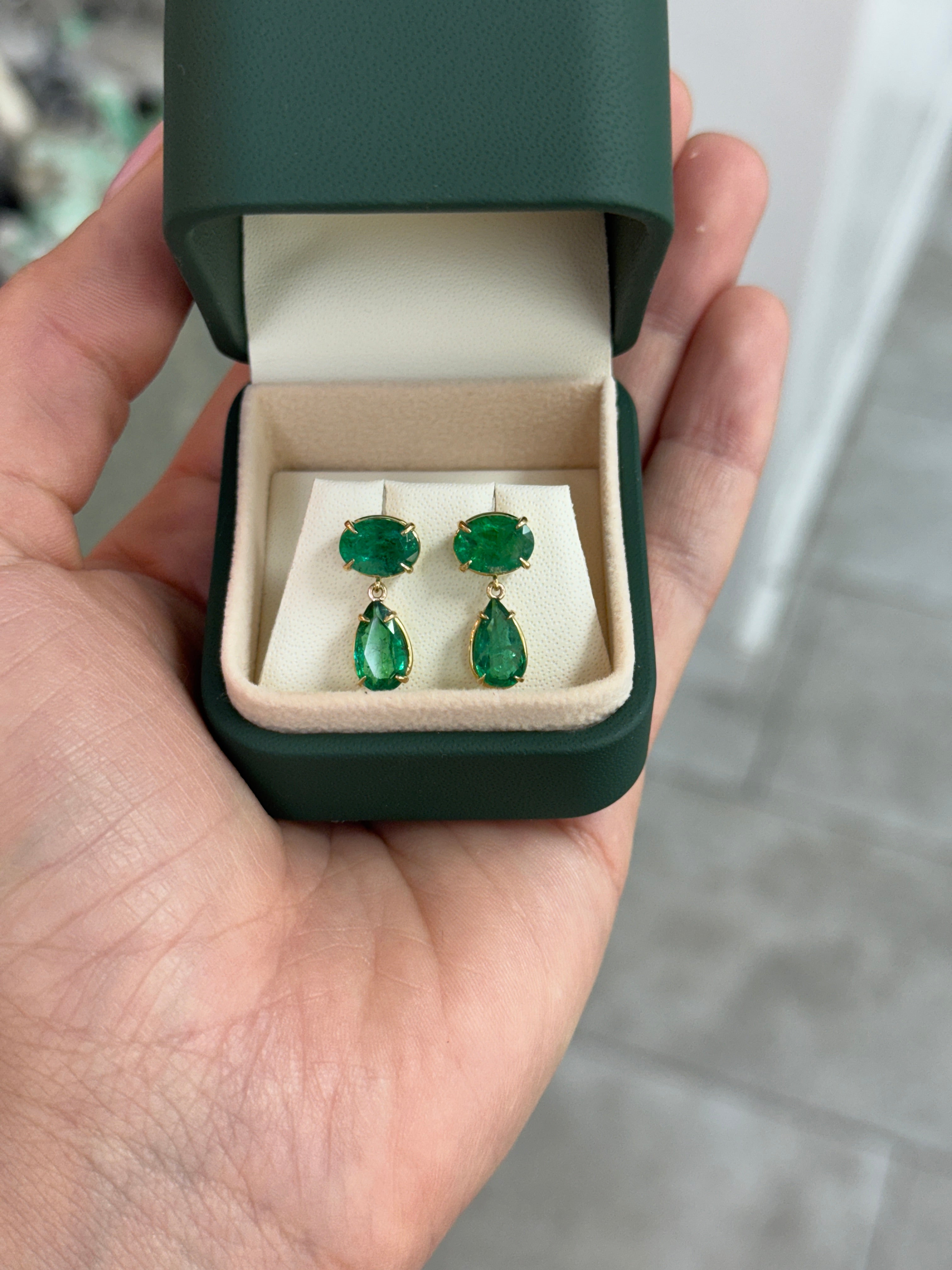 5.46tcw 18K Gold Zambian Emerald Drop Dangle Earrings With Oval & Teardrop Stones