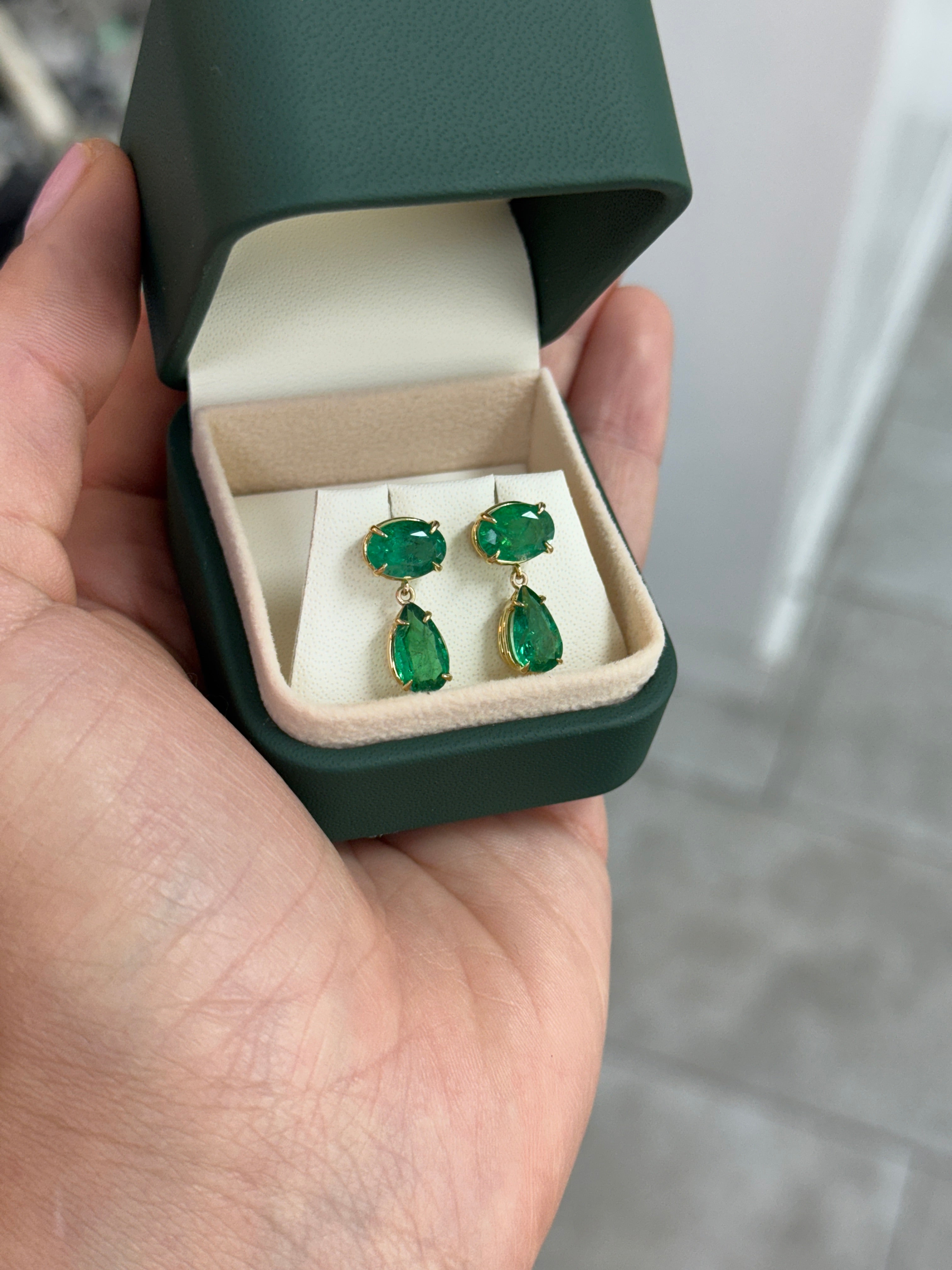 5.46tcw 18K Gold Zambian Emerald Drop Dangle Earrings With Oval & Teardrop Stones