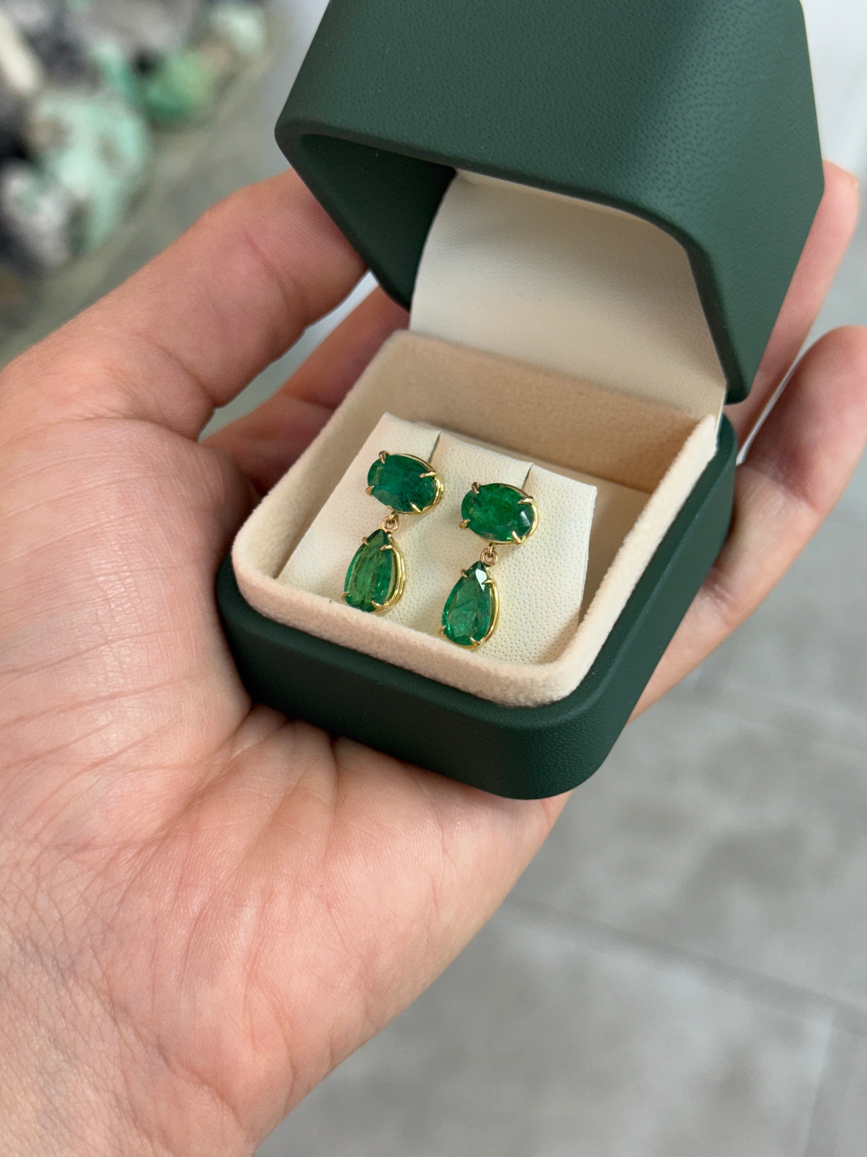 5.46tcw 18K Gold Zambian Emerald Drop Dangle Earrings With Oval & Teardrop Stones