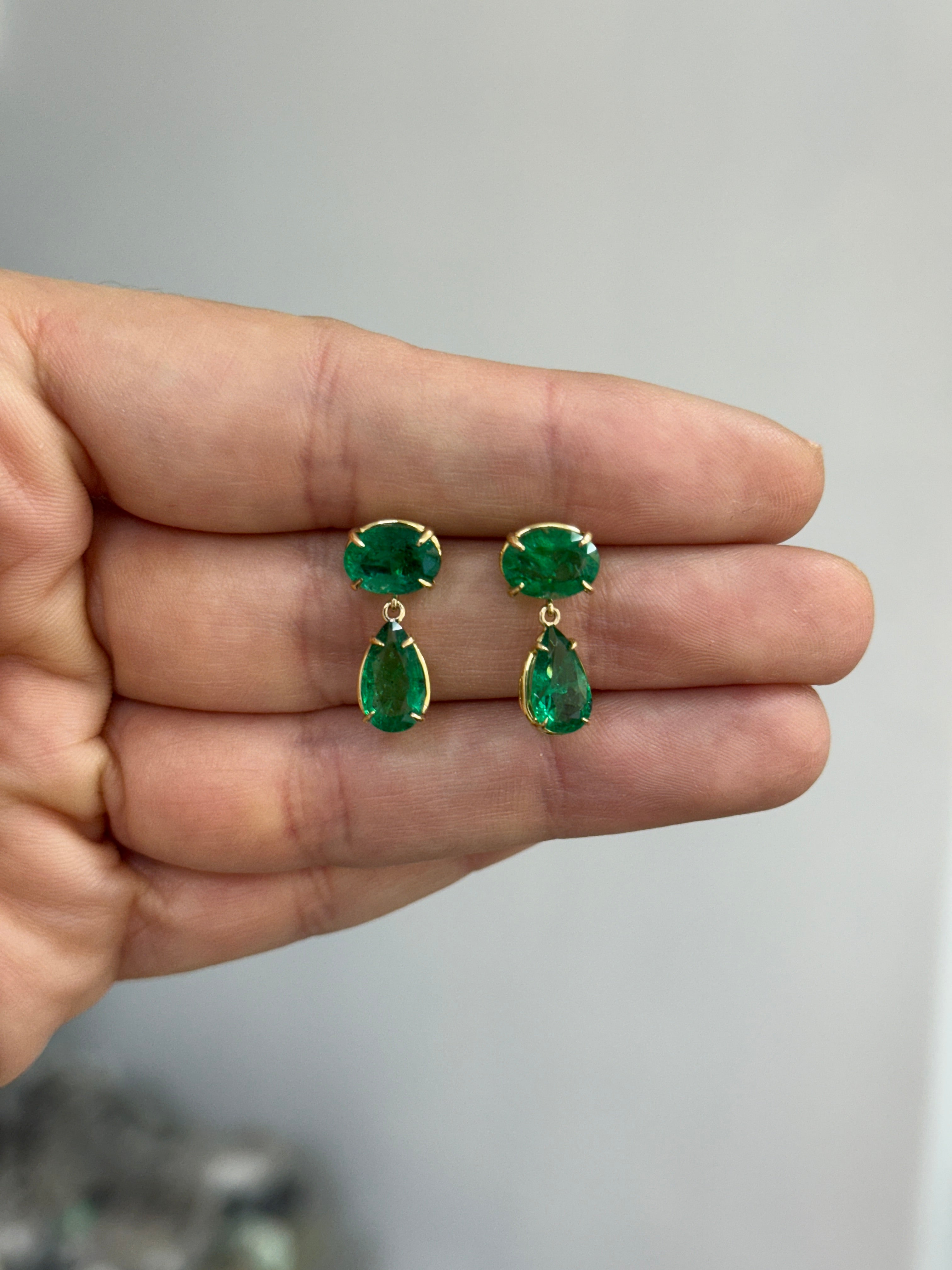 5.46tcw 18K Gold Zambian Emerald Drop Dangle Earrings With Oval & Teardrop Stones