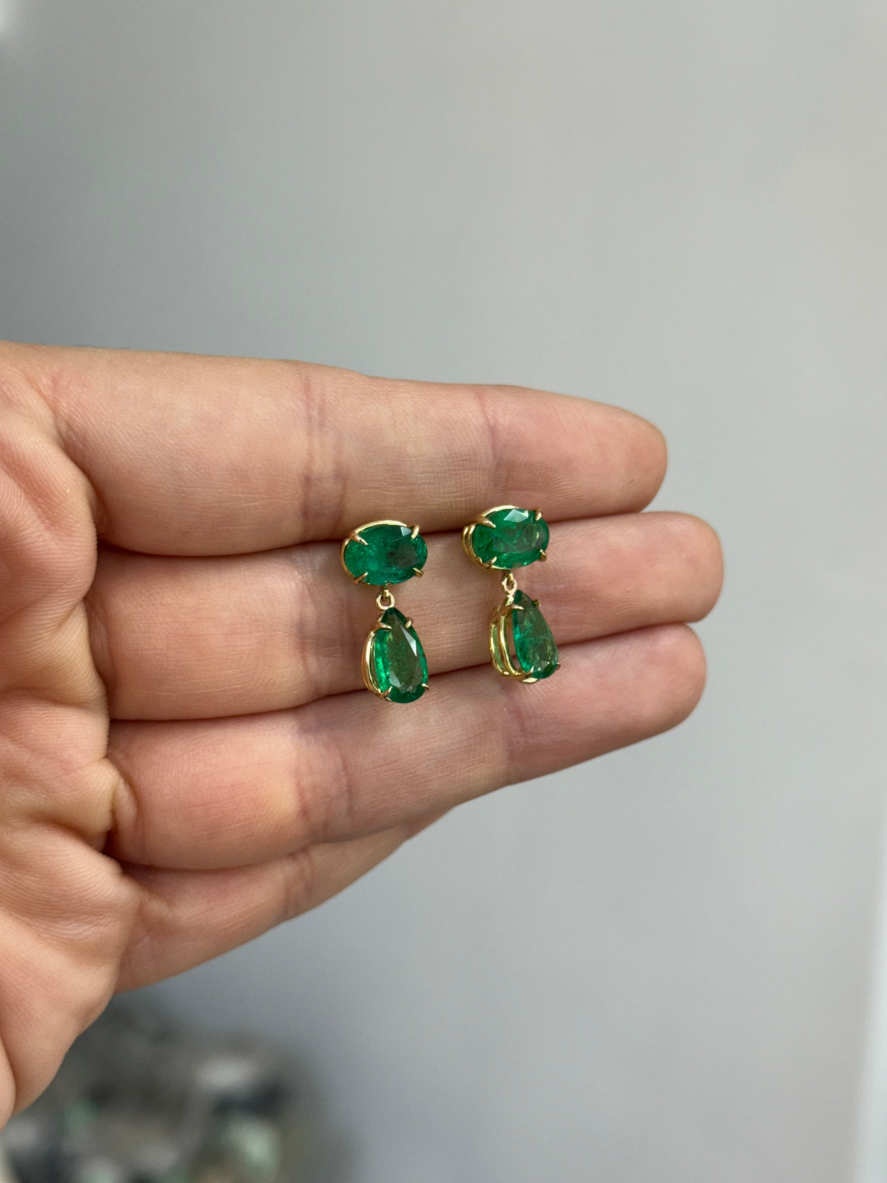 5.46tcw 18K Gold Zambian Emerald Drop Dangle Earrings With Oval & Teardrop Stones