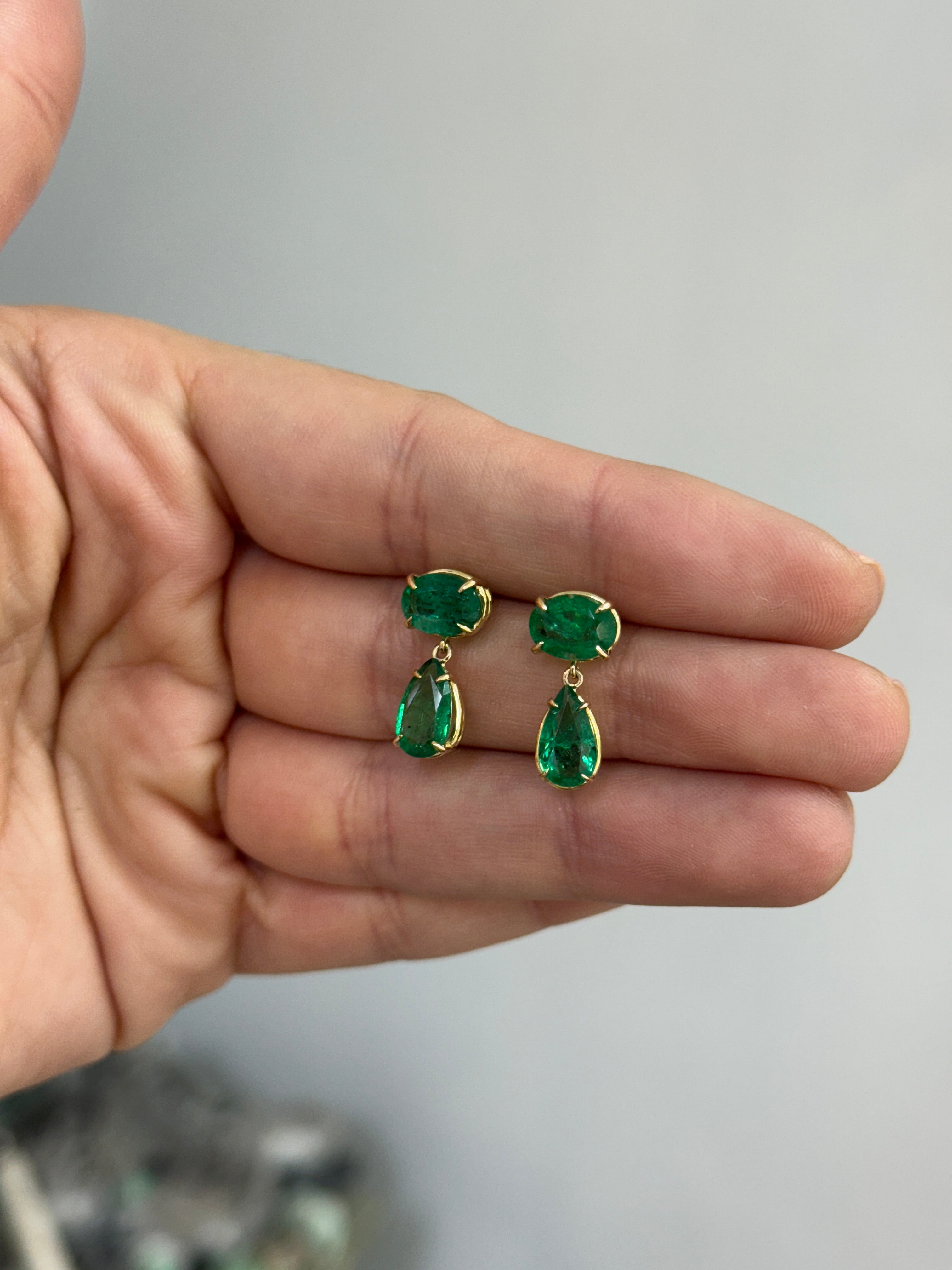 5.46tcw 18K Gold Zambian Emerald Drop Dangle Earrings With Oval & Teardrop Stones