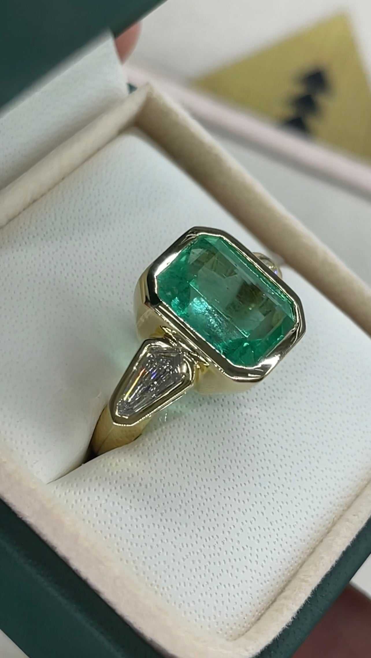 7.49tcw Colombian Emerald & Kite Diamond Three Stone Ring 18K Gold Bezel Set - JR Colombian Emeralds
