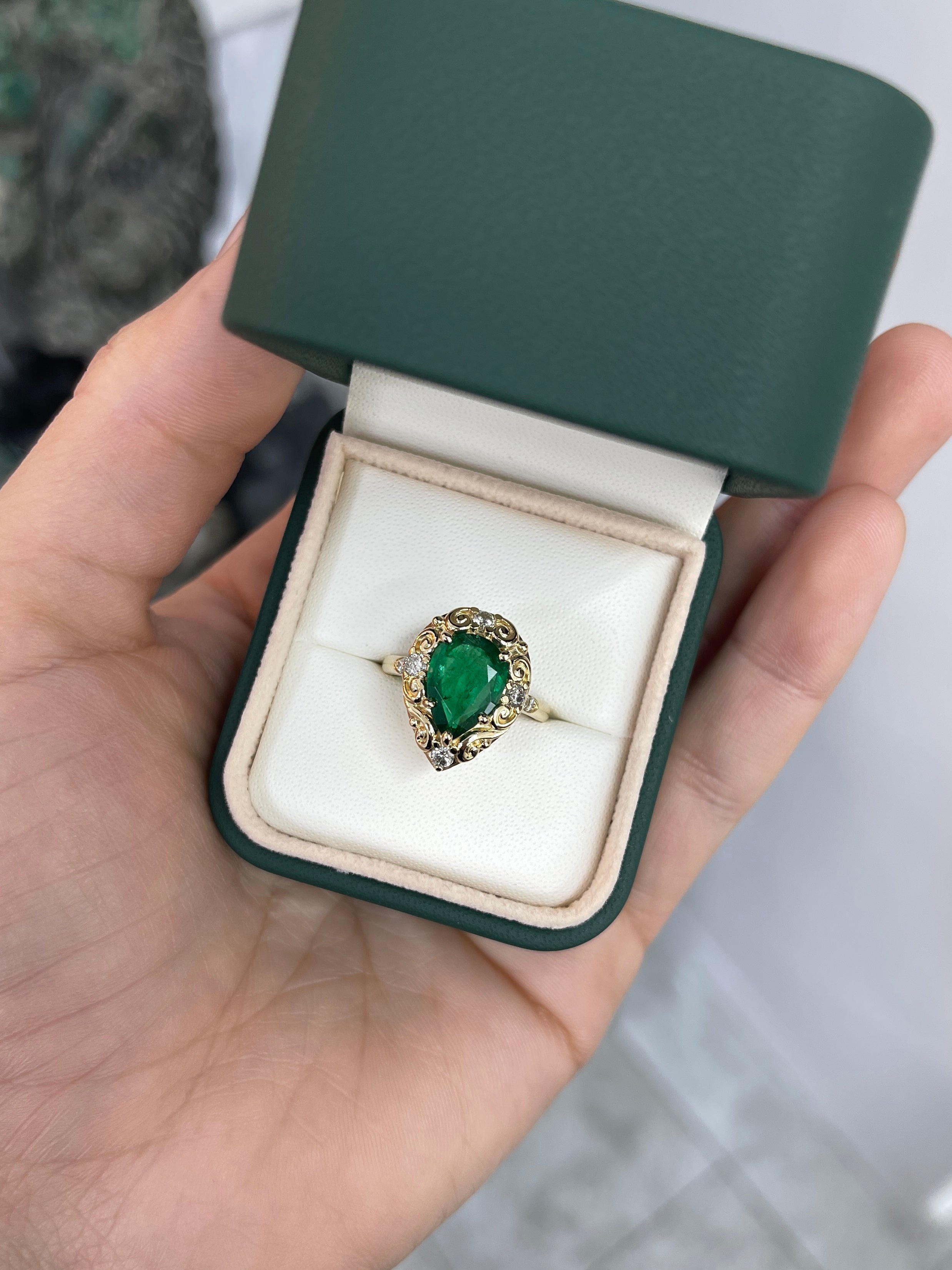 2.66tcw Teardrop Emerald & Diamond Spinkle Scroll Work Vintage Inspired Ring 14K - JR Colombian Emeralds