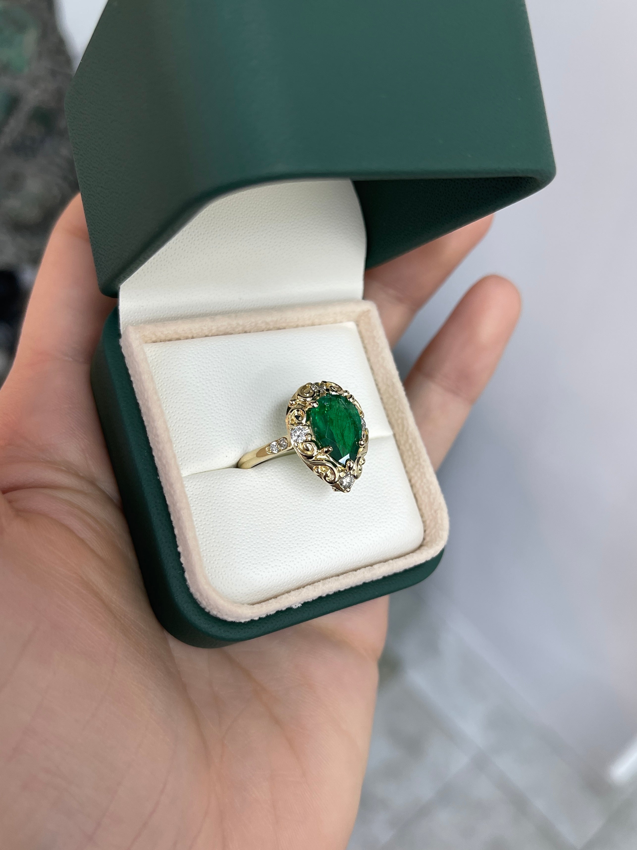 2.66tcw Teardrop Emerald & Diamond Spinkle Scroll Work Vintage Inspired Ring 14K - JR Colombian Emeralds