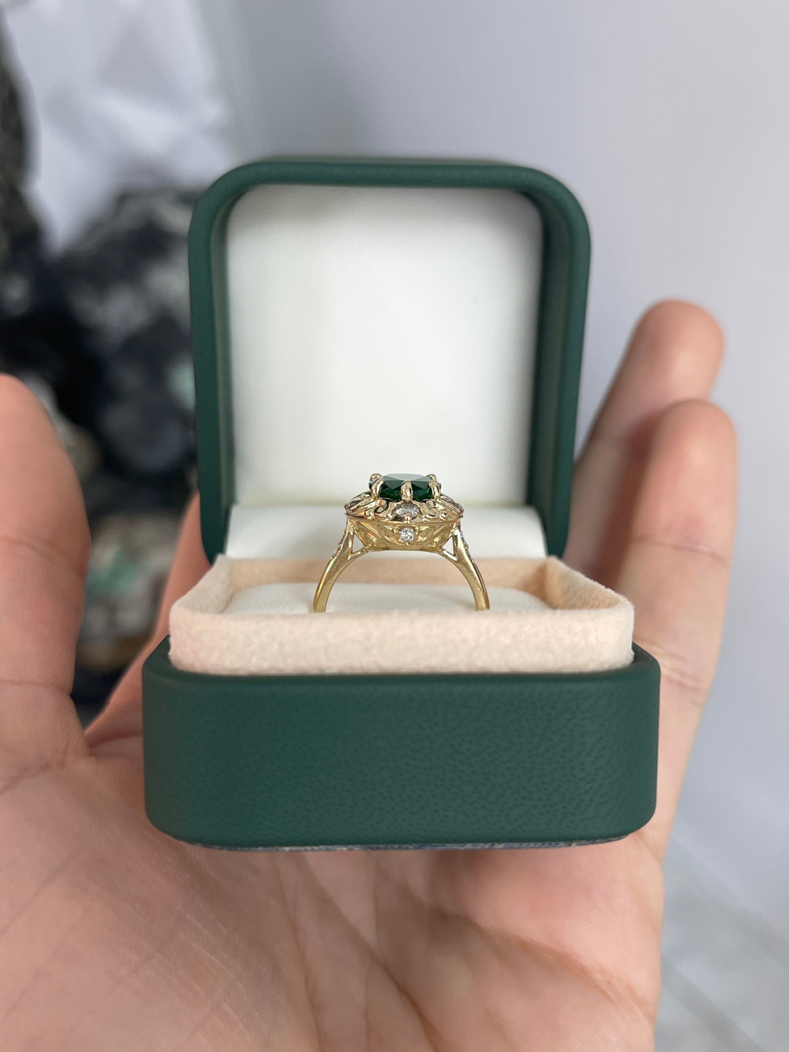2.66tcw Teardrop Emerald & Diamond Spinkle Scroll Work Vintage Inspired Ring 14K - JR Colombian Emeralds