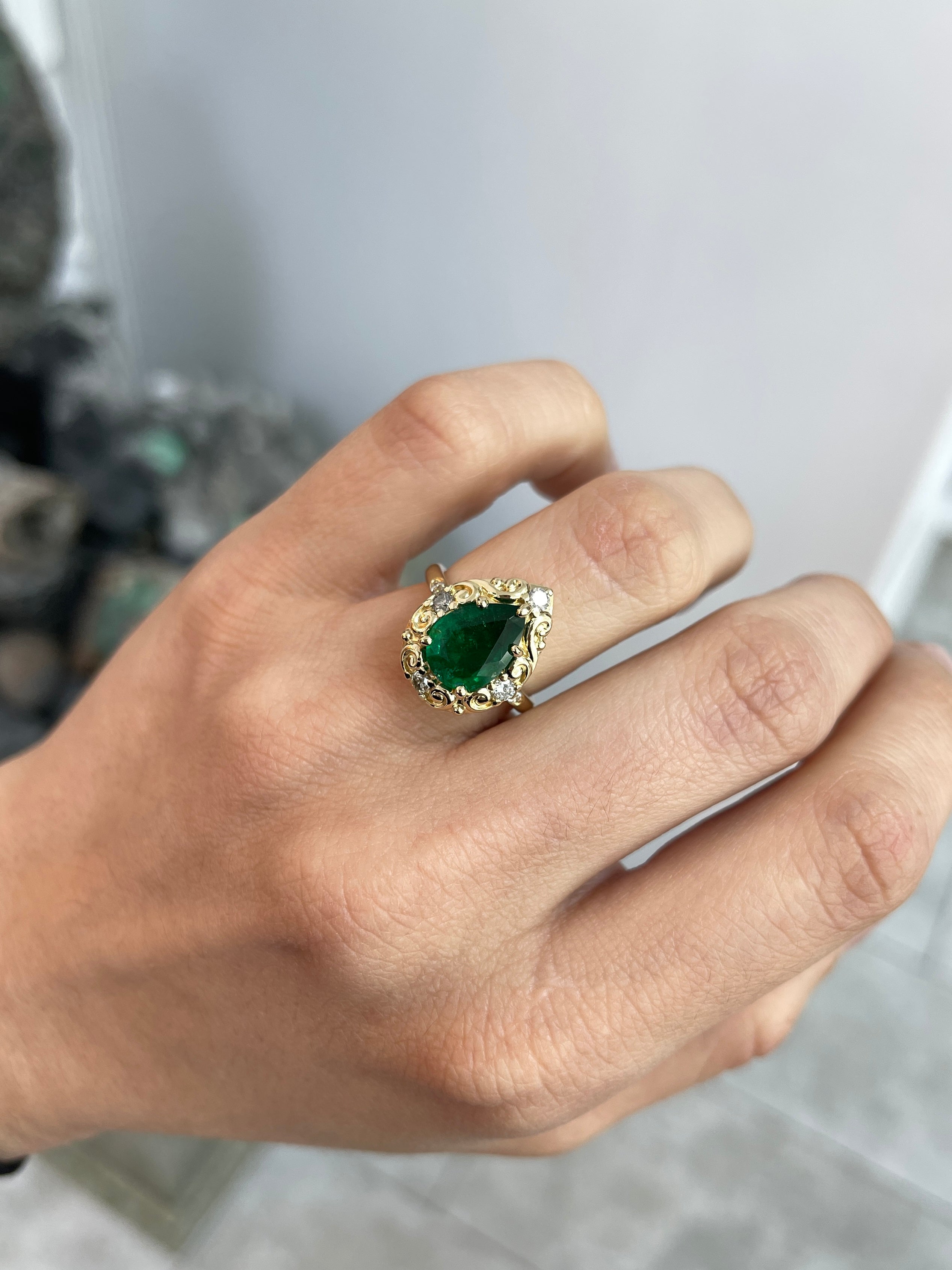 2.66tcw Teardrop Emerald & Diamond Spinkle Scroll Work Vintage Inspired Ring 14K - JR Colombian Emeralds