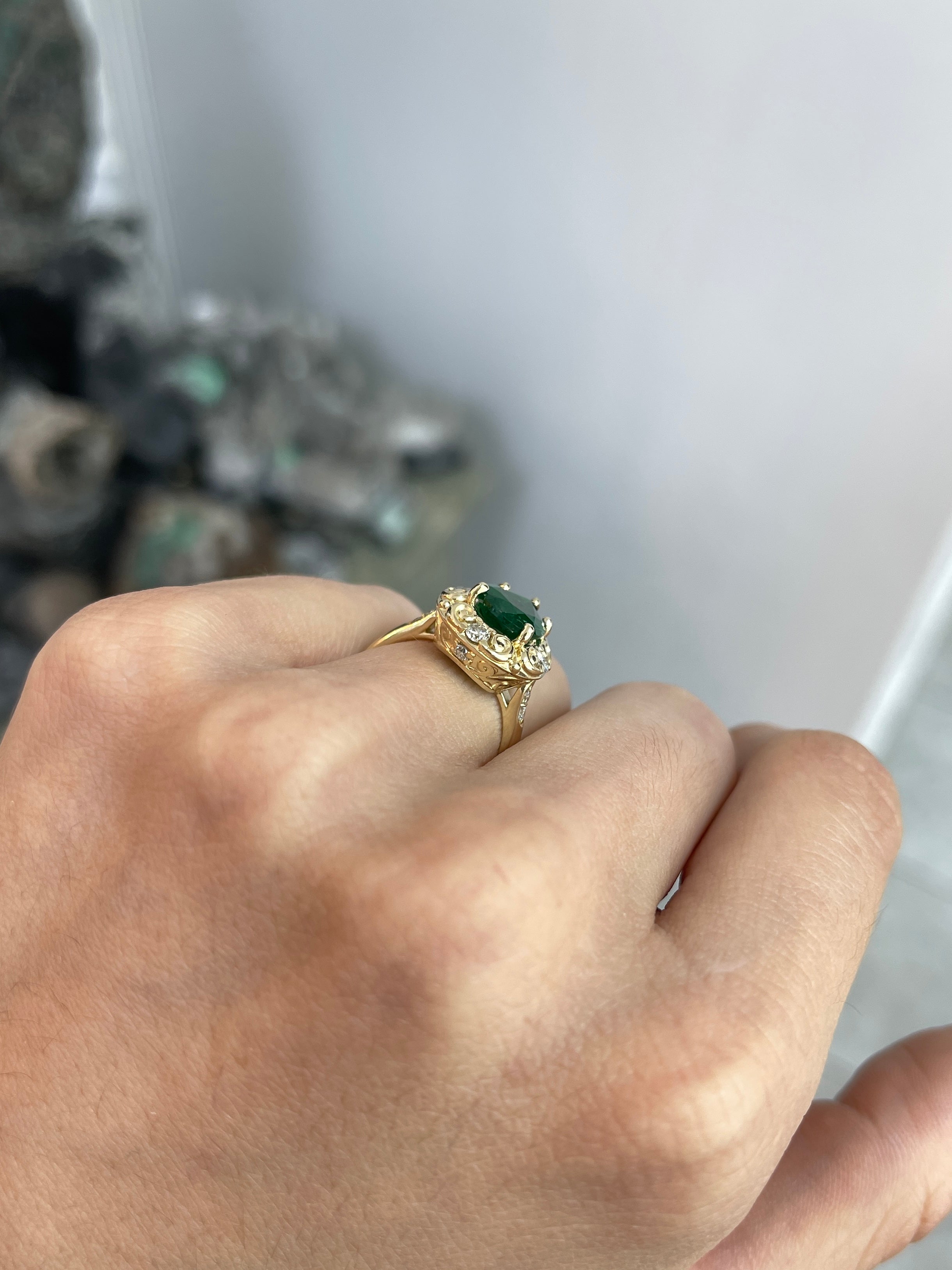 2.66tcw Teardrop Emerald & Diamond Spinkle Scroll Work Vintage Inspired Ring 14K - JR Colombian Emeralds