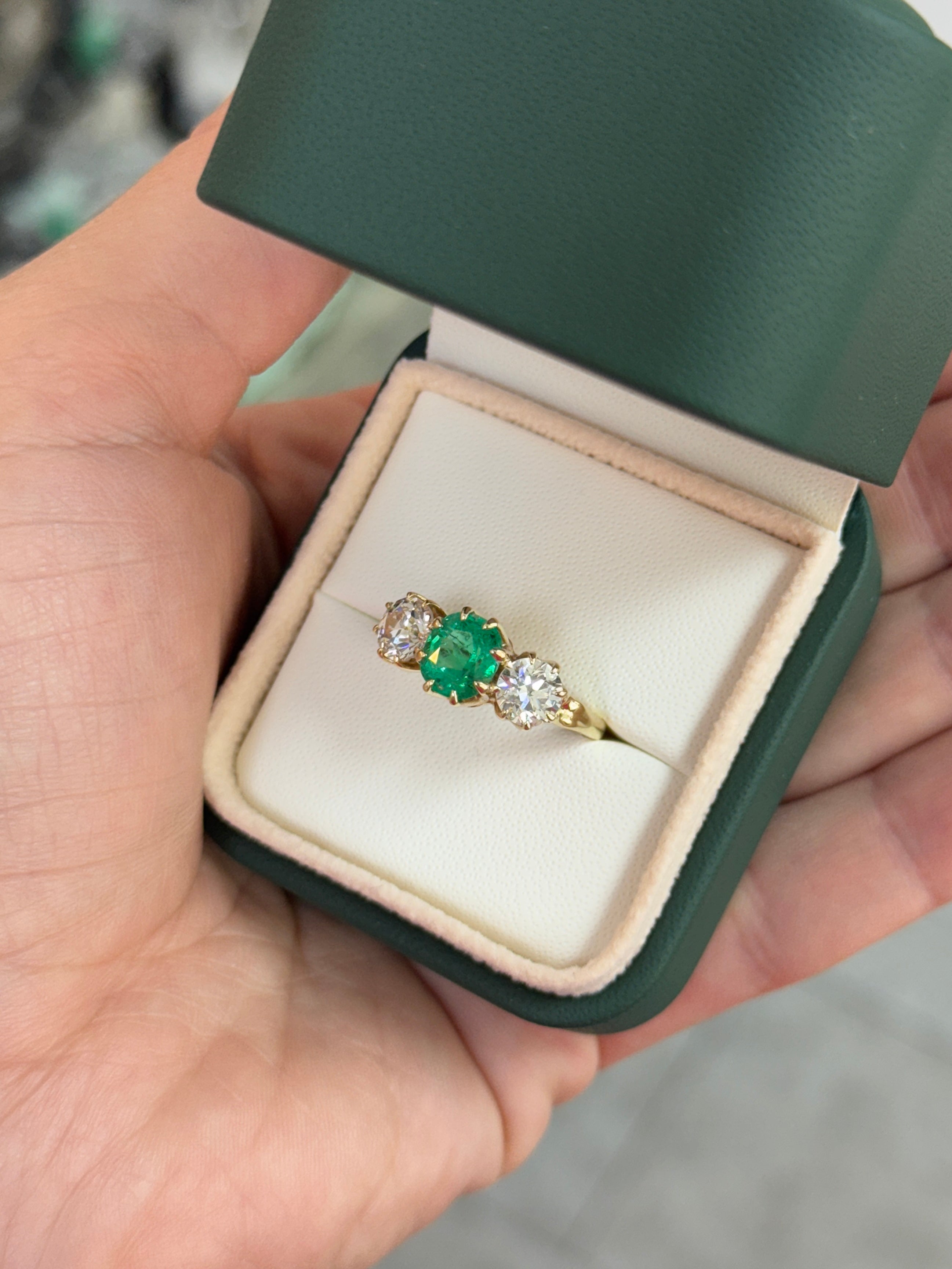 3.19tcw Colombian Cushion Cut Emerald Three Stone Ring With Old European Diamonds In 14K Yellow Gold