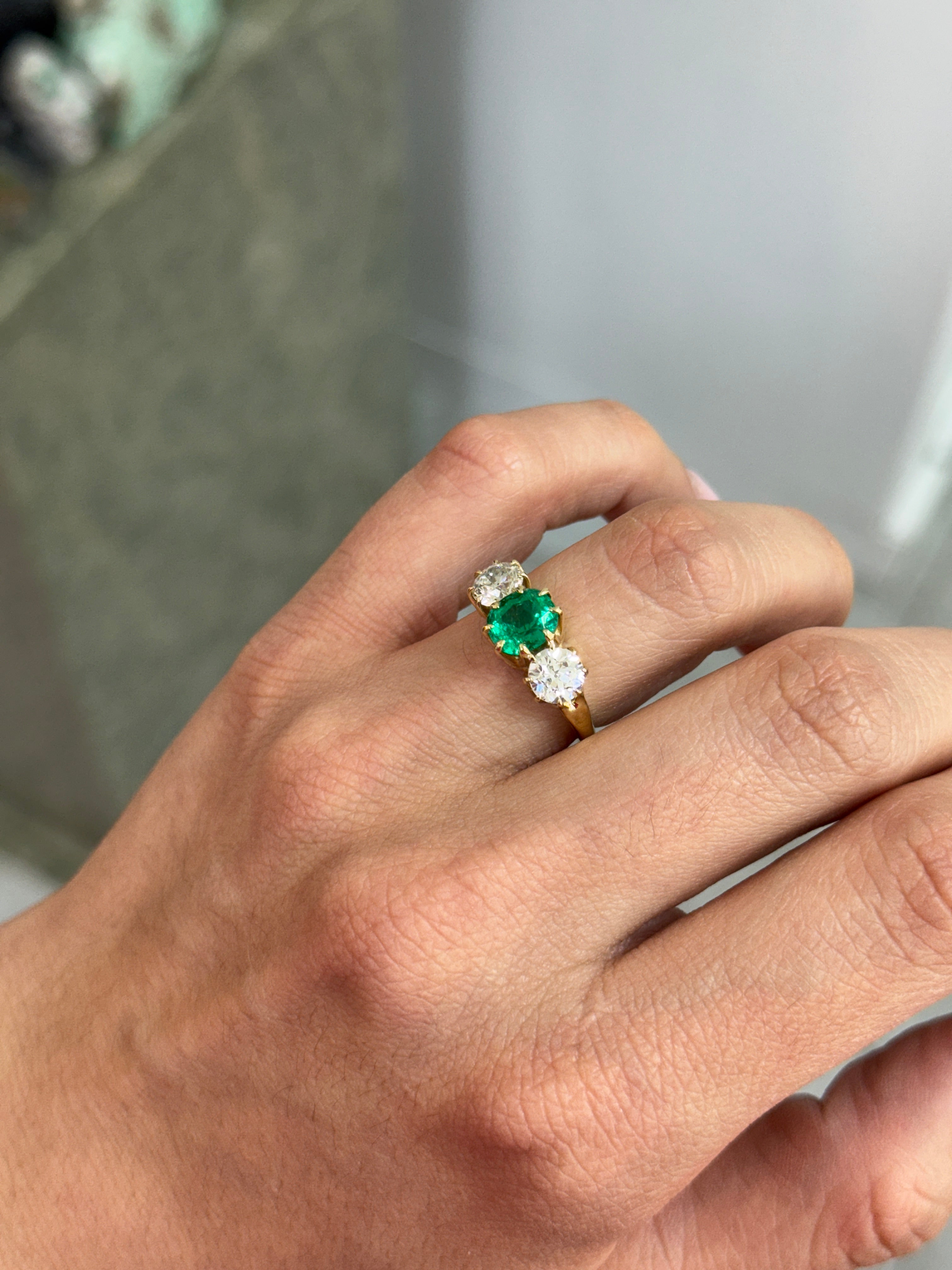 3.19tcw Colombian Cushion Cut Emerald Three Stone Ring With Old European Diamonds In 14K Yellow Gold