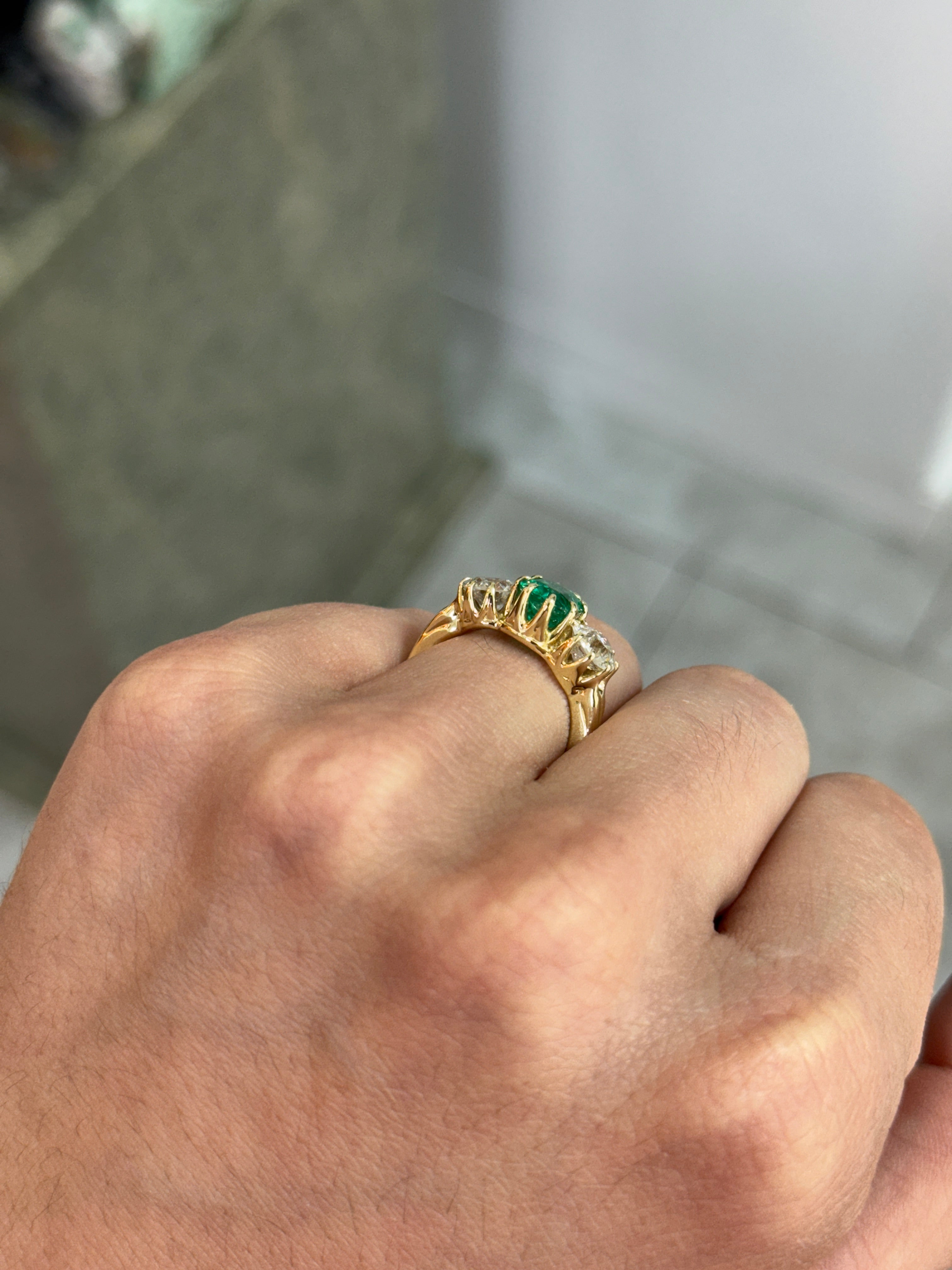 3.19tcw Colombian Cushion Cut Emerald Three Stone Ring With Old European Diamonds In 14K Yellow Gold