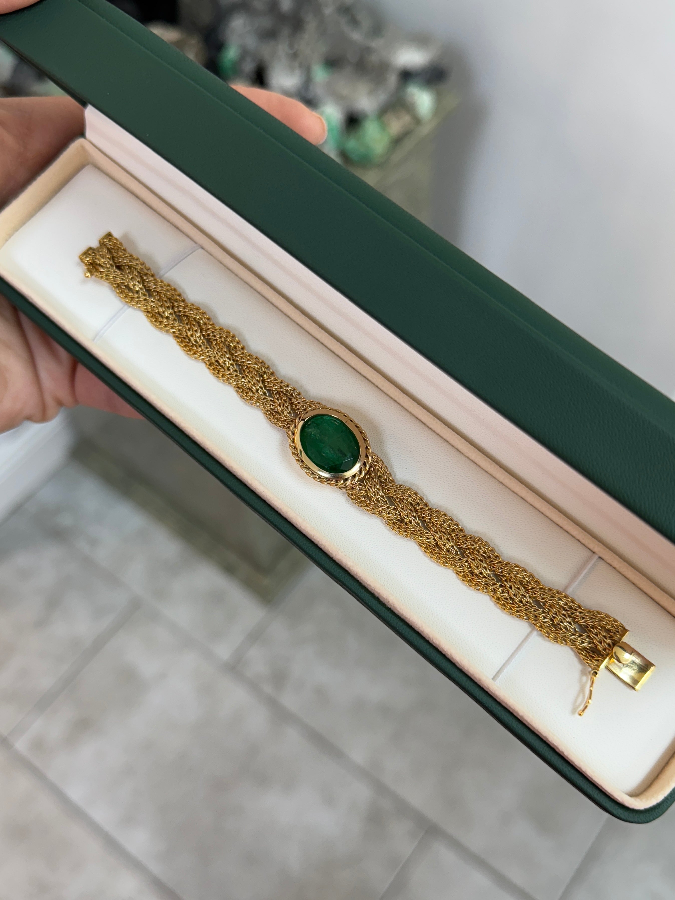 10.70 Carat Colombian Oval Emerald East West Bezel Bracelet In 14K Gold Vintage Revival Design