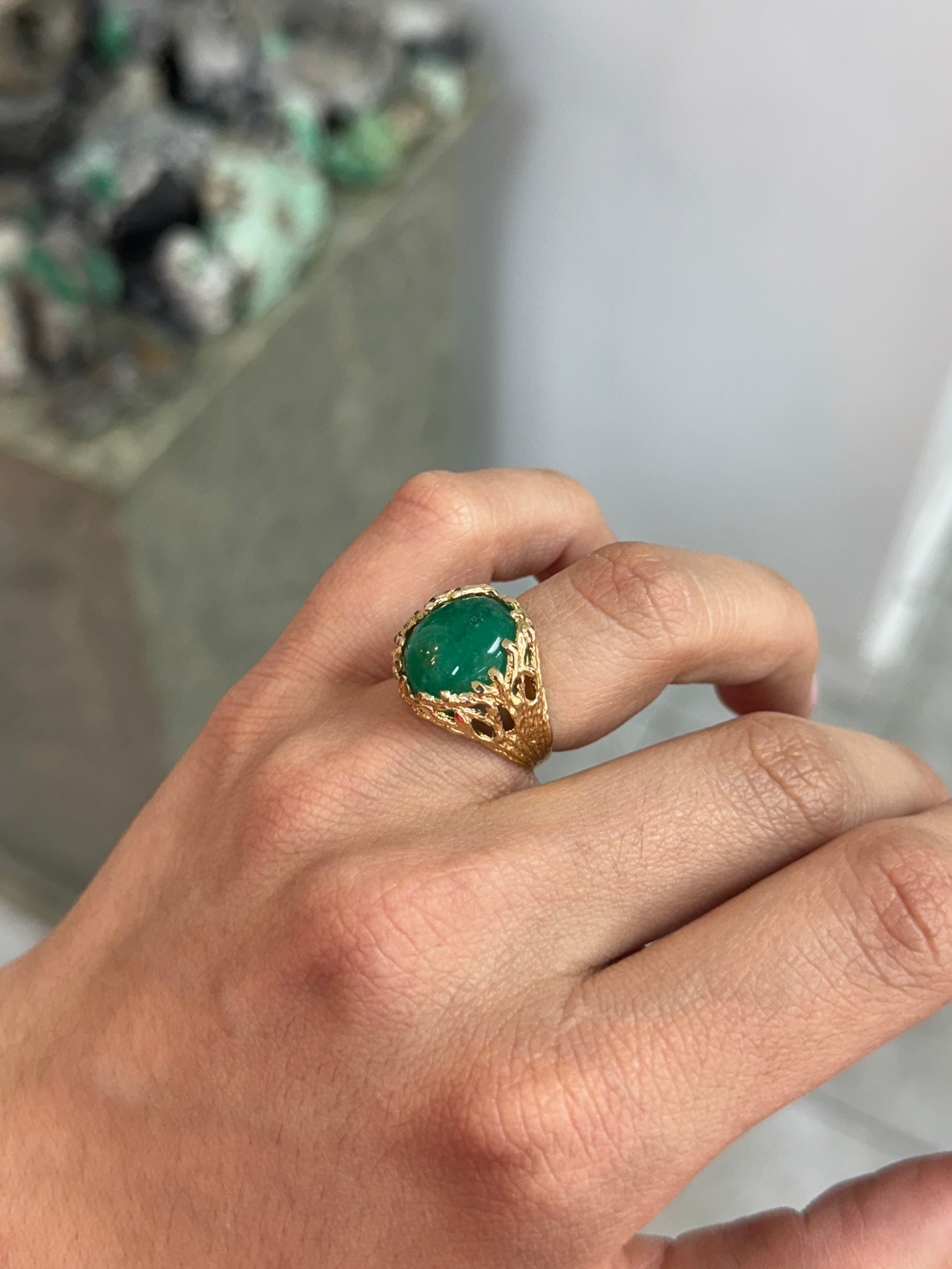 9.28 Carat Cabochon Emerald Gold Nugget 14K Ring