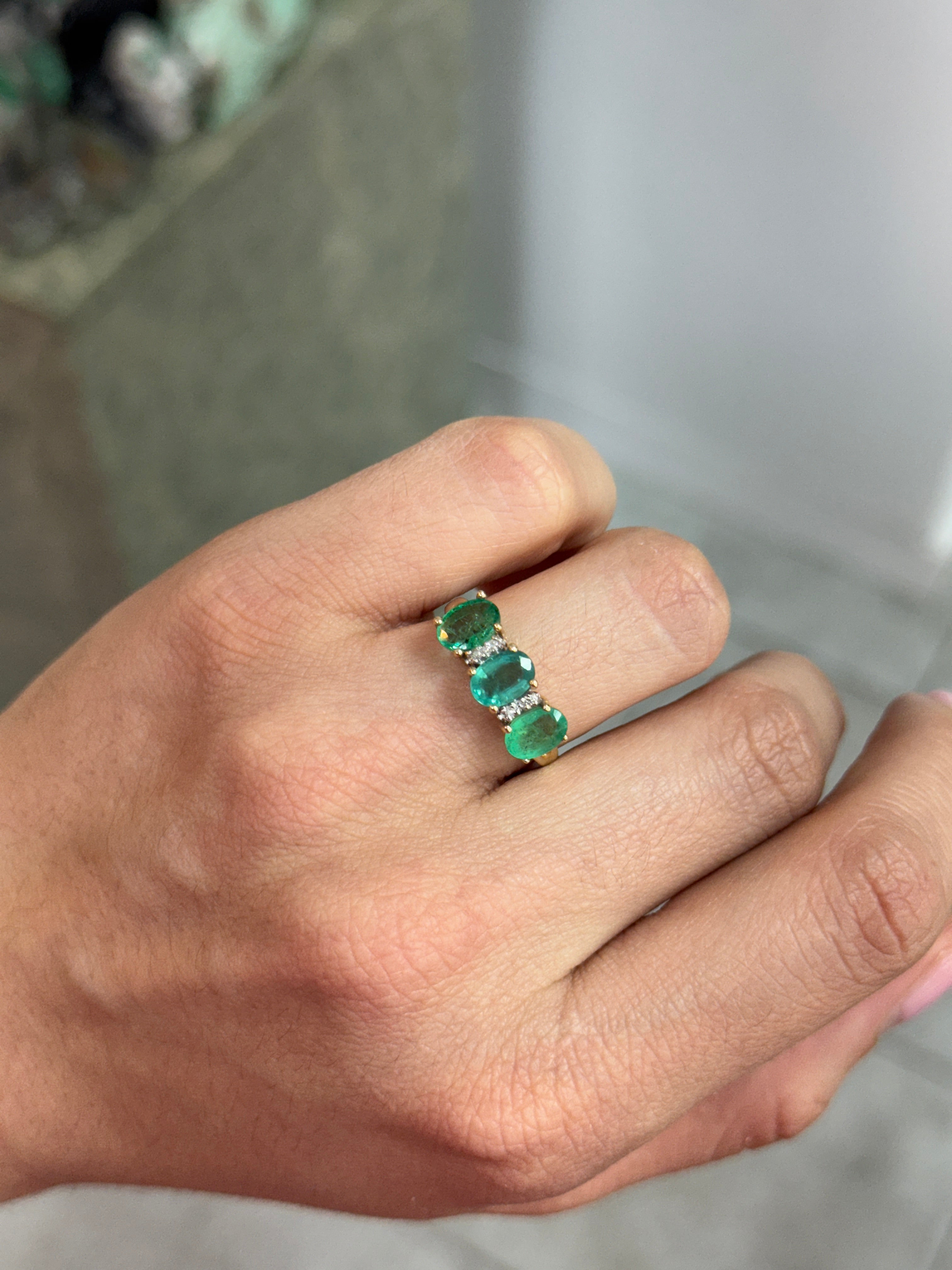 2.94tcw Vintage Three Stone Emerald Ring With Diamond Accents In 14K Yellow Gold