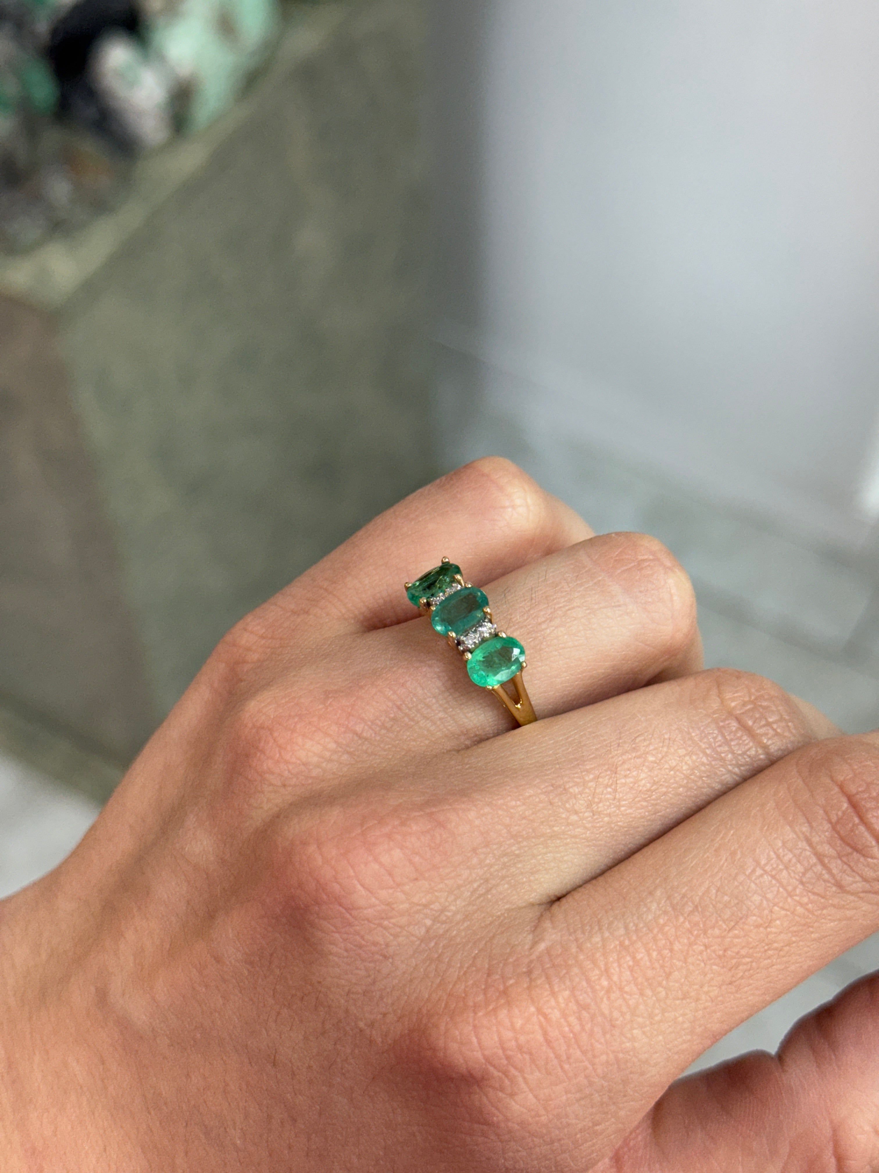 2.94tcw Vintage Three Stone Emerald Ring With Diamond Accents In 14K Yellow Gold