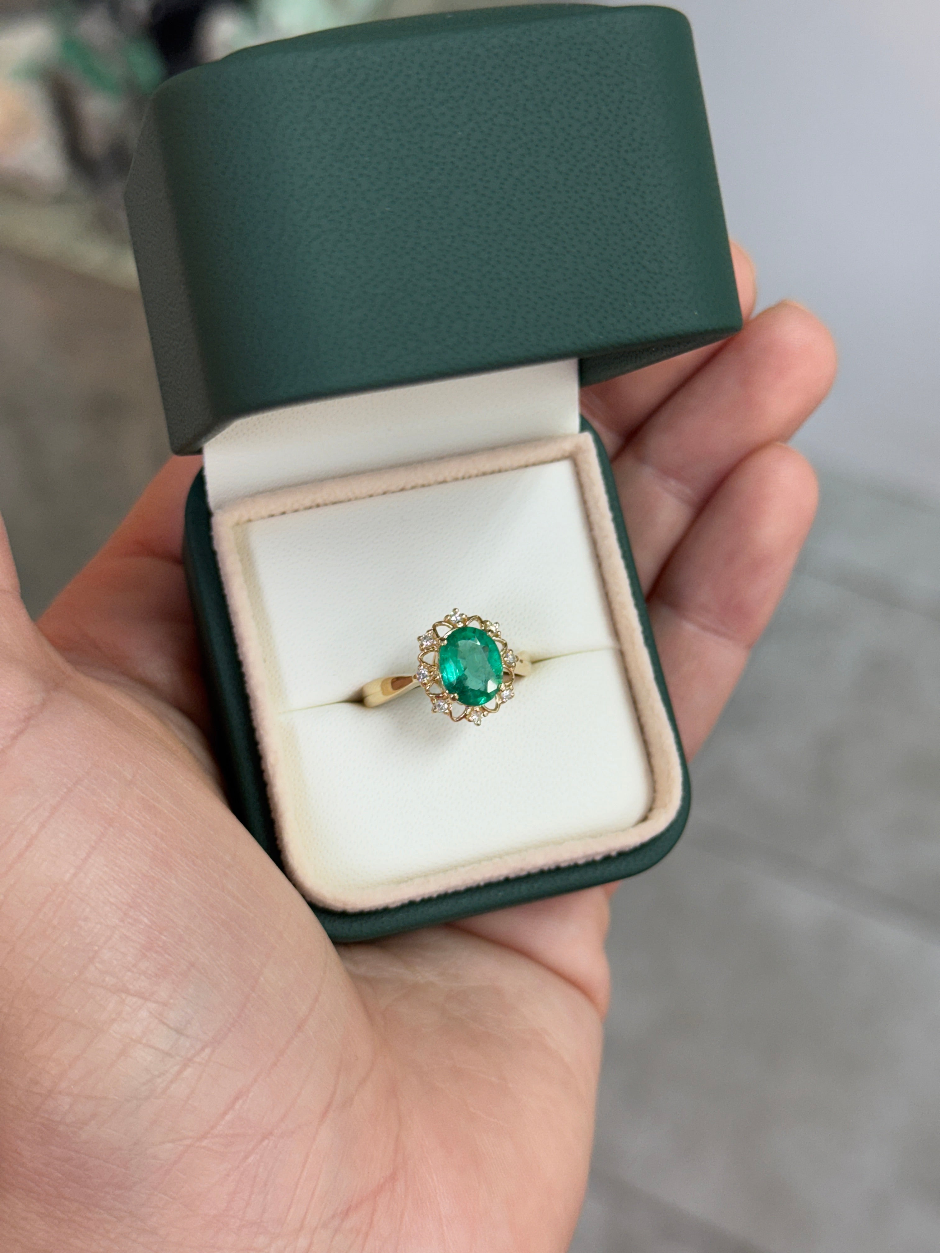 2.29tcw Emerald & Diamond Floral Halo Ring In 14K Yellow Gold Oval Cut Center