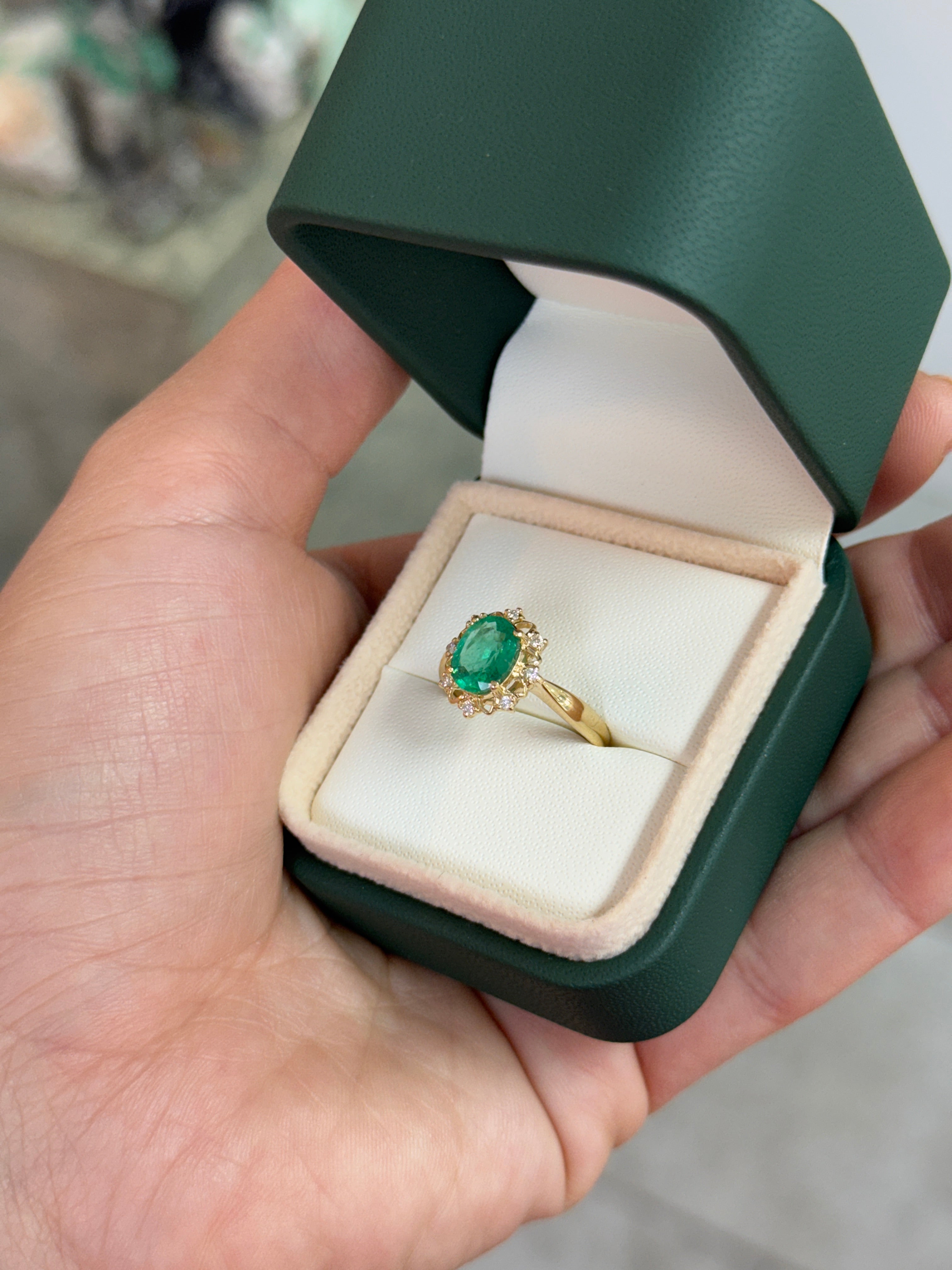 2.29tcw Emerald & Diamond Floral Halo Ring In 14K Yellow Gold Oval Cut Center