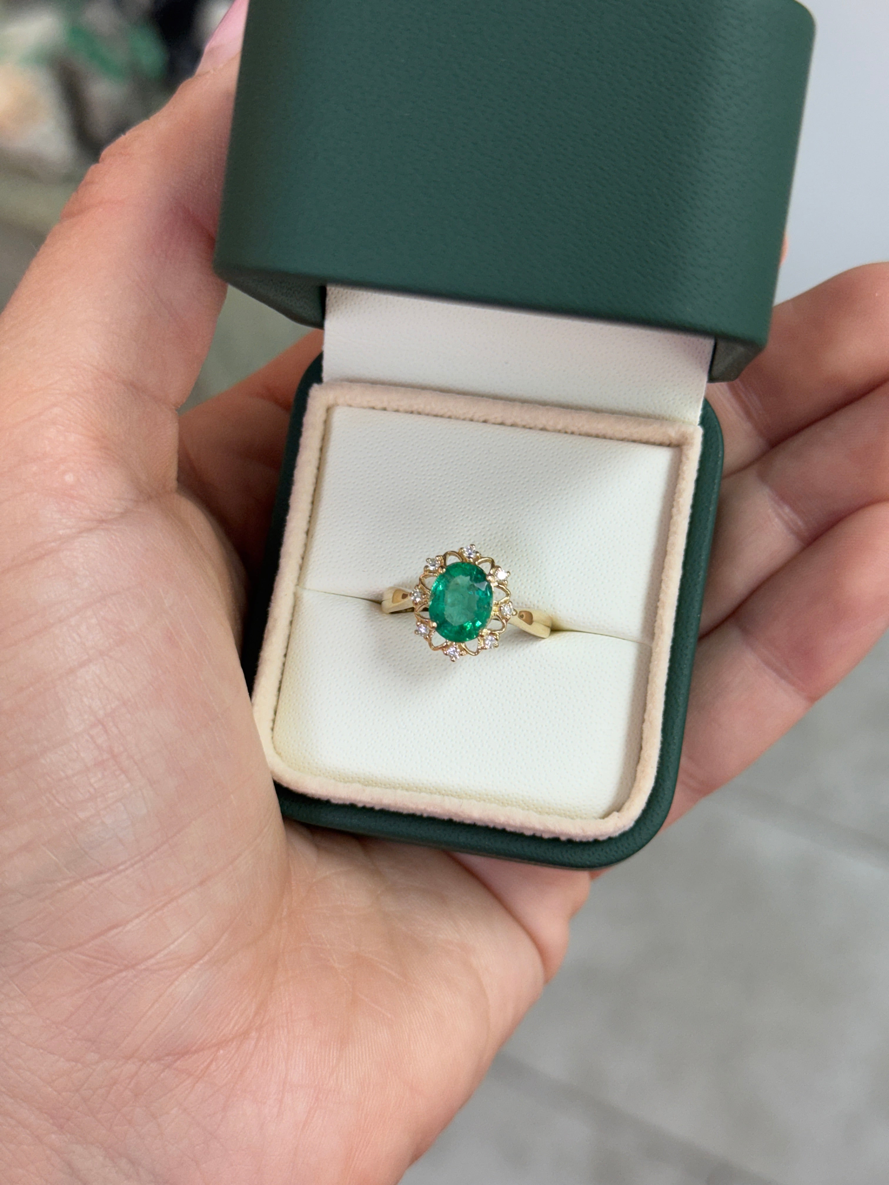 2.29tcw Emerald & Diamond Floral Halo Ring In 14K Yellow Gold Oval Cut Center