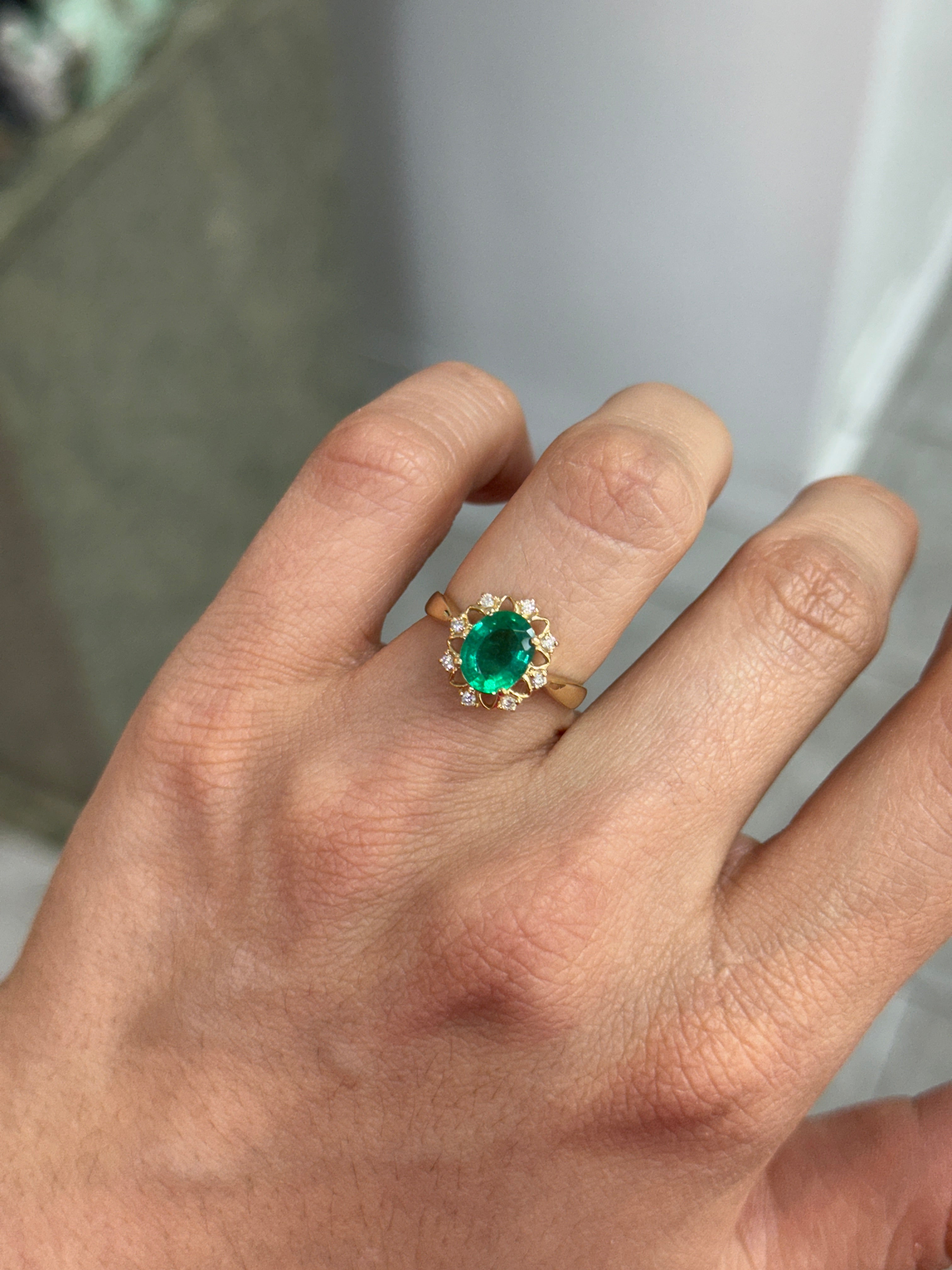 2.29tcw Emerald & Diamond Floral Halo Ring In 14K Yellow Gold Oval Cut Center