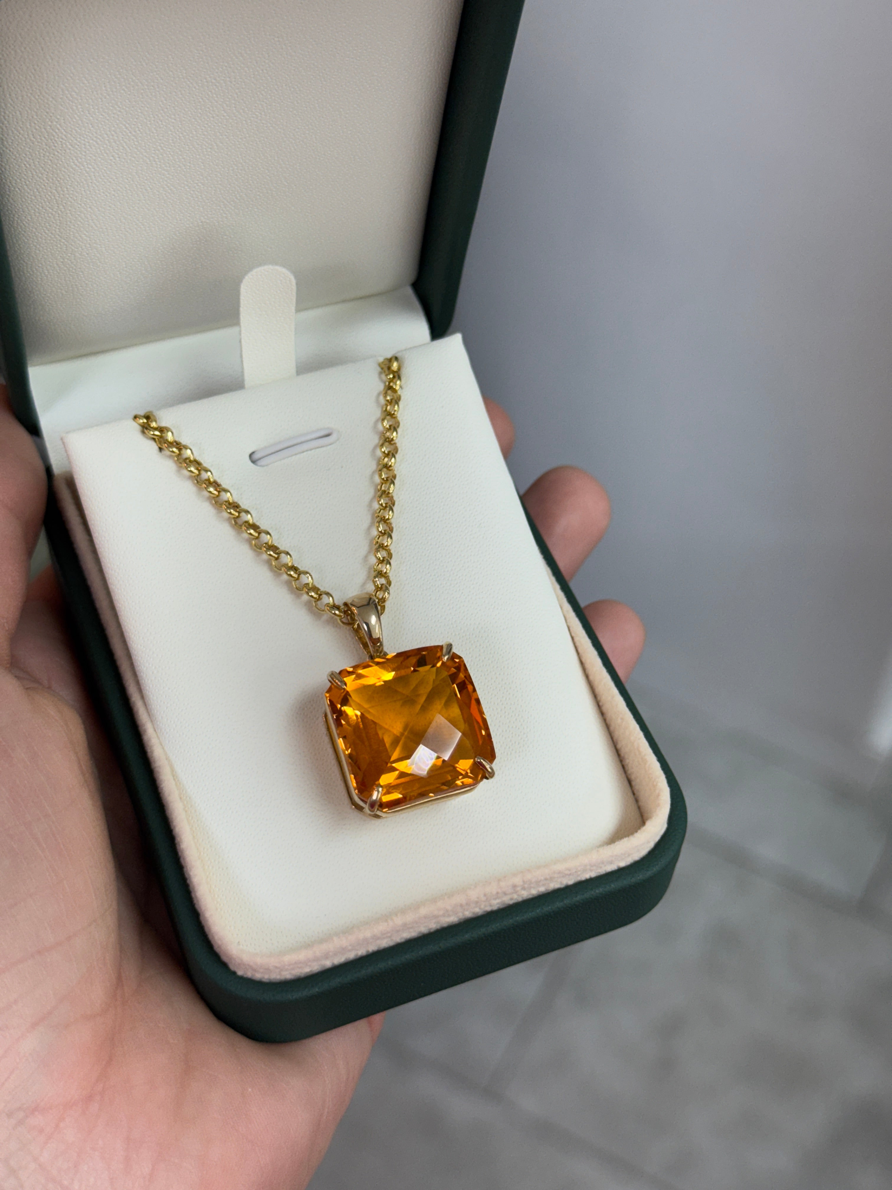 33.75 Carat Orange Citrine Checkerboard Asscher Cut Solitaire Necklace In 14K Gold
