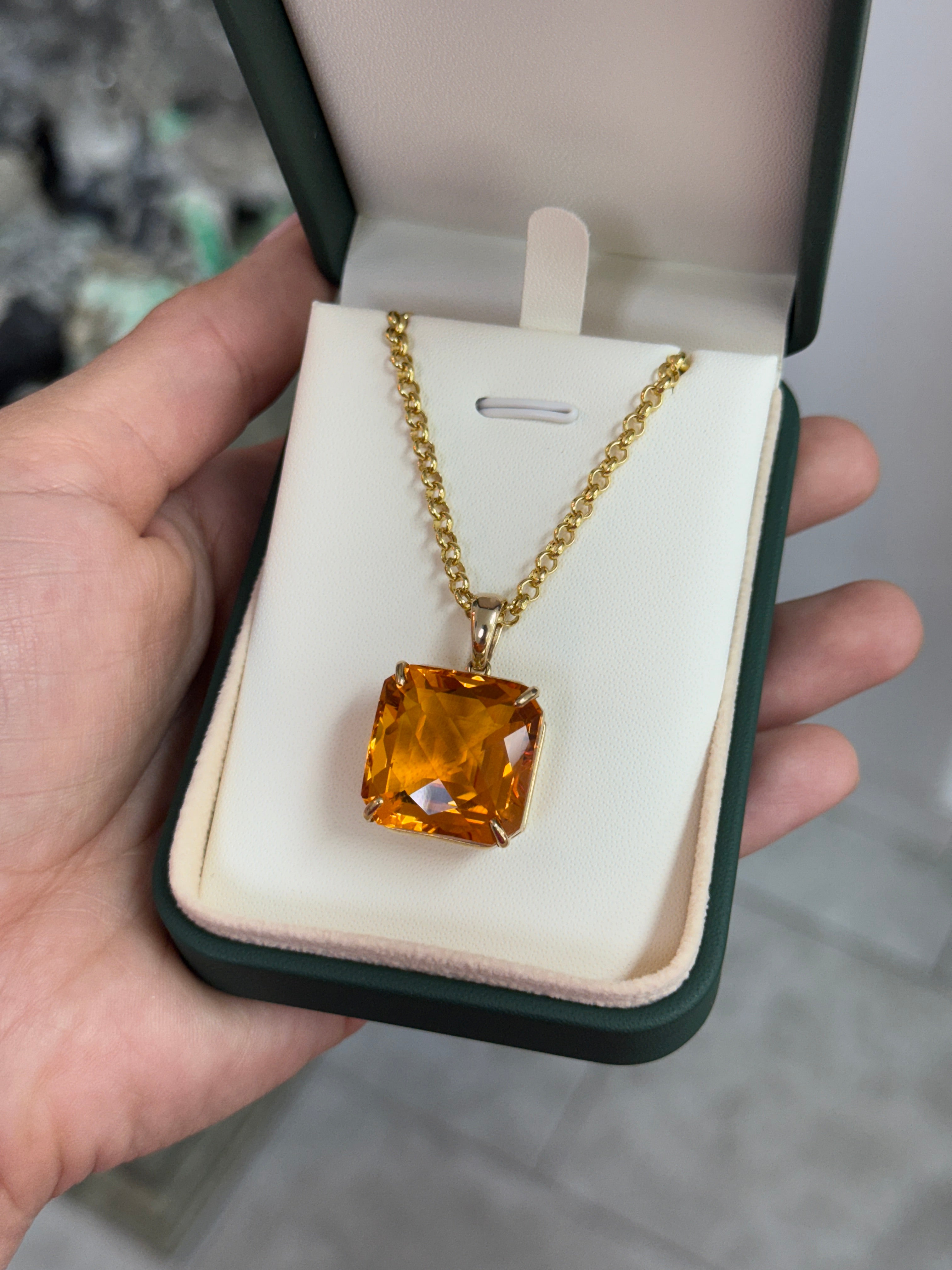 33.75 Carat Orange Citrine Checkerboard Asscher Cut Solitaire Necklace In 14K Gold