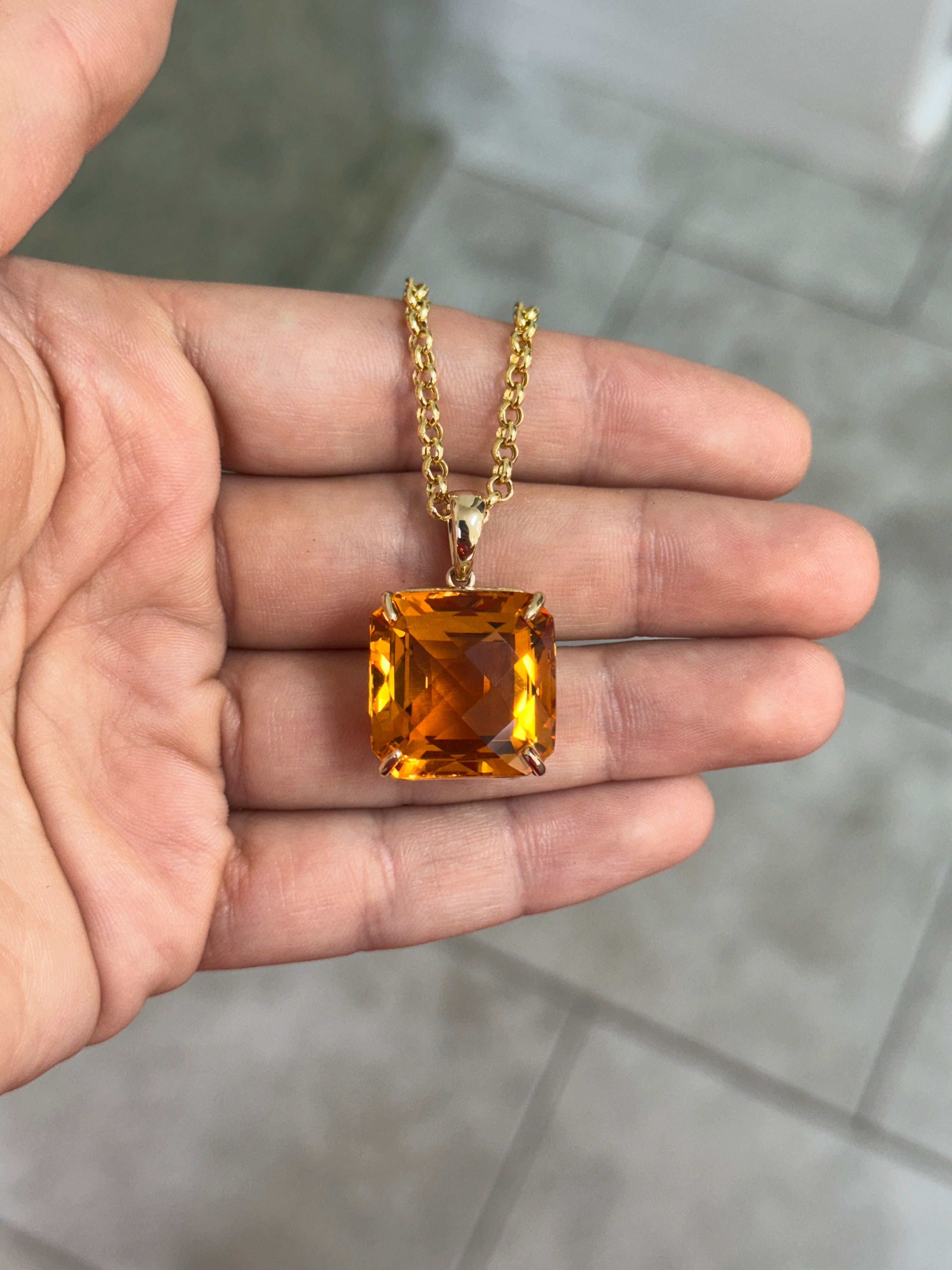 33.75 Carat Orange Citrine Checkerboard Asscher Cut Solitaire Necklace In 14K Gold