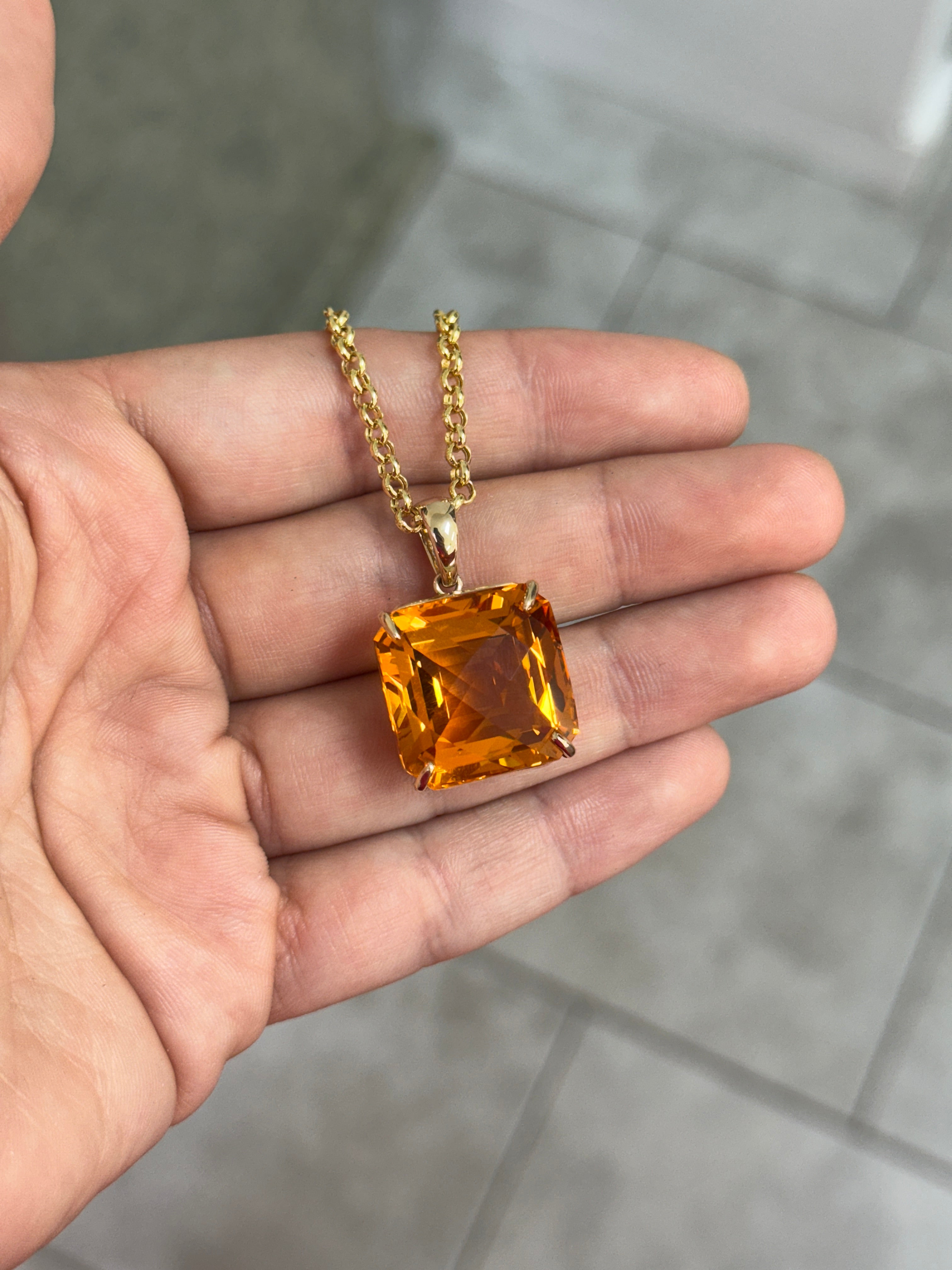 33.75 Carat Orange Citrine Checkerboard Asscher Cut Solitaire Necklace In 14K Gold