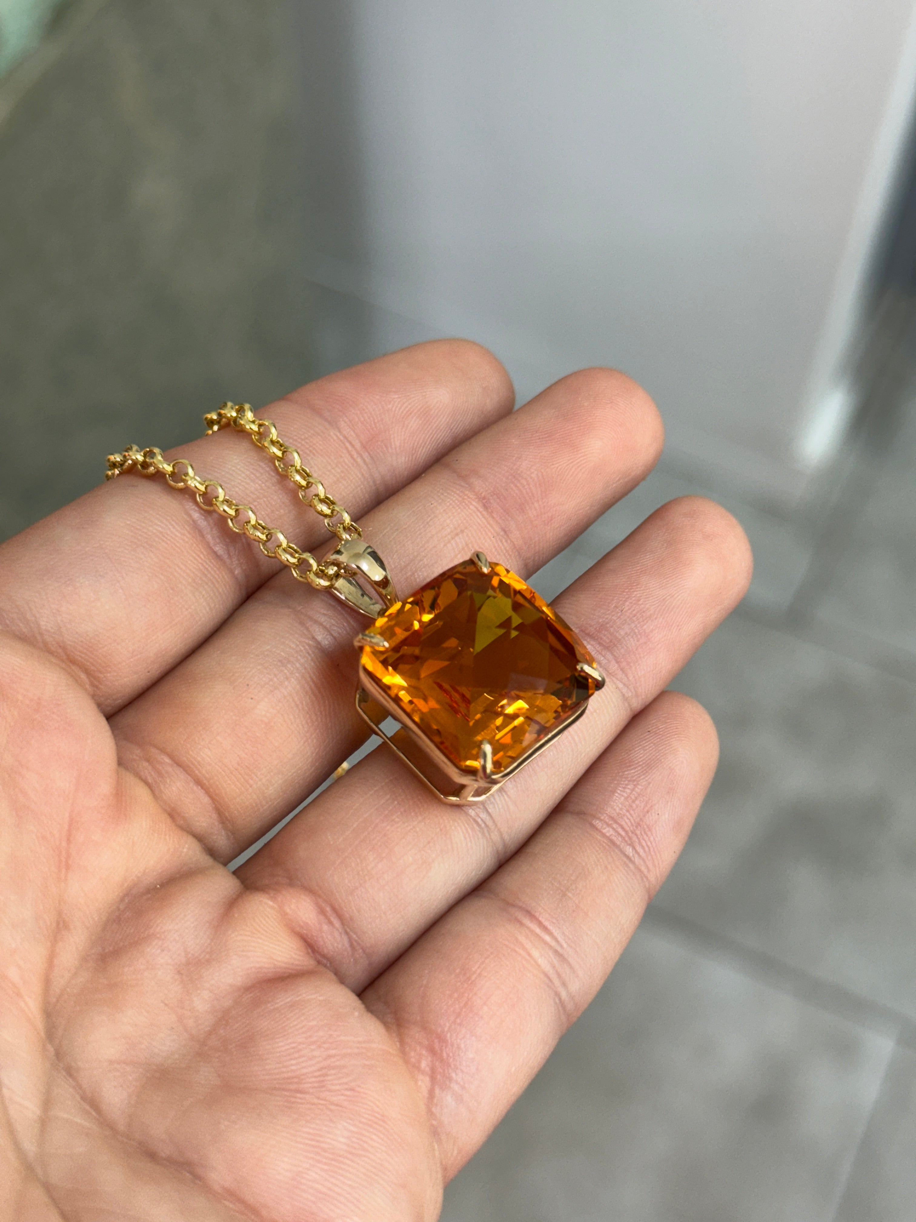 33.75 Carat Orange Citrine Checkerboard Asscher Cut Solitaire Necklace In 14K Gold