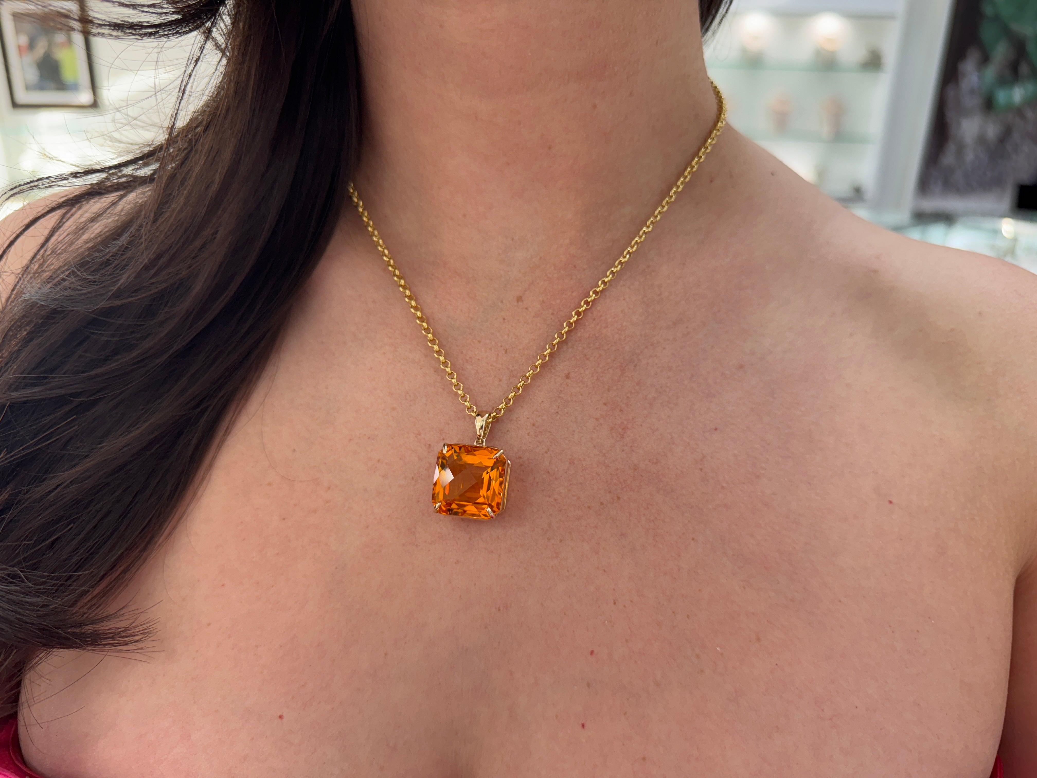 33.75 Carat Orange Citrine Checkerboard Asscher Cut Solitaire Necklace In 14K Gold