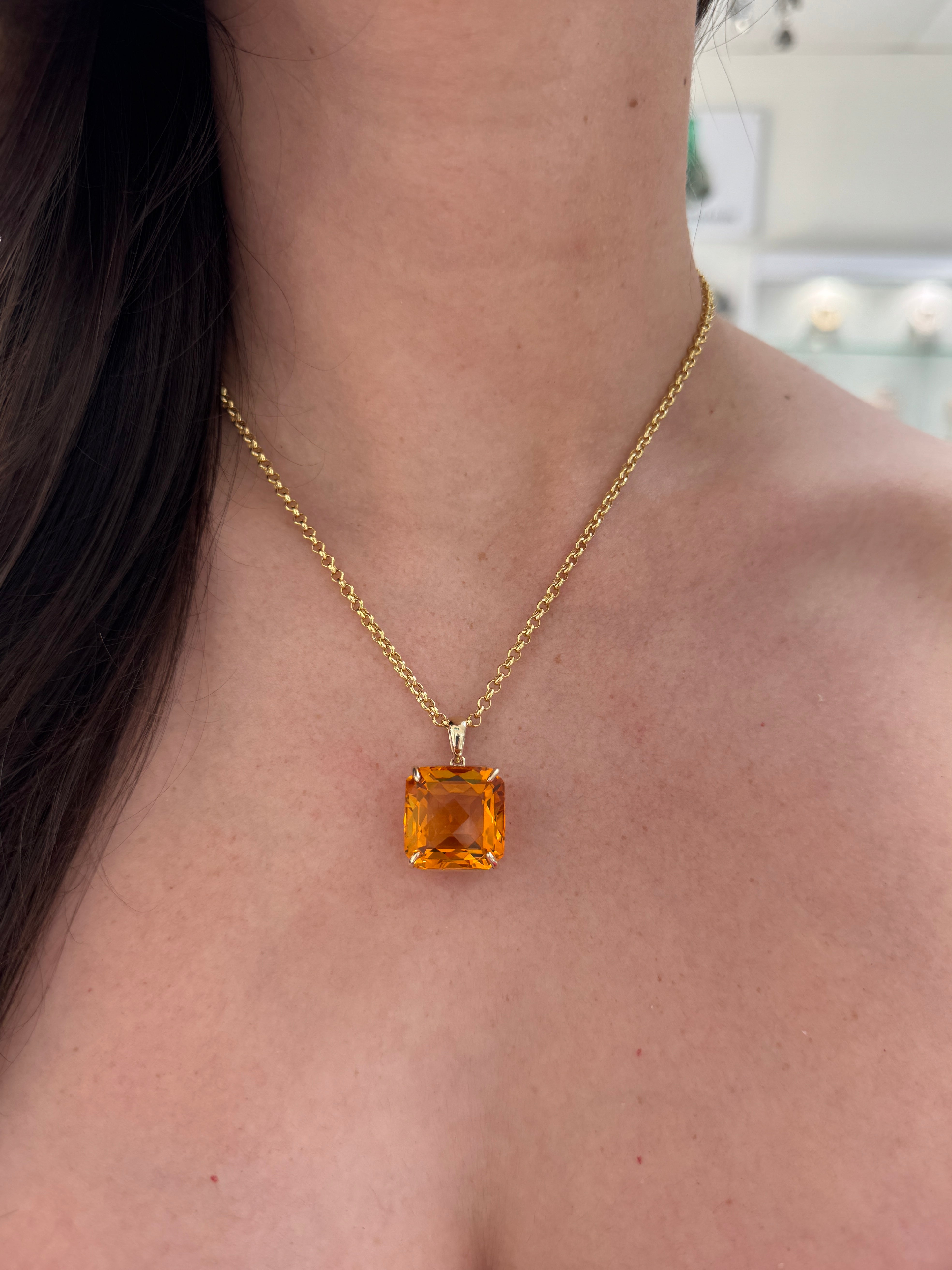 33.75 Carat Orange Citrine Checkerboard Asscher Cut Solitaire Necklace In 14K Gold