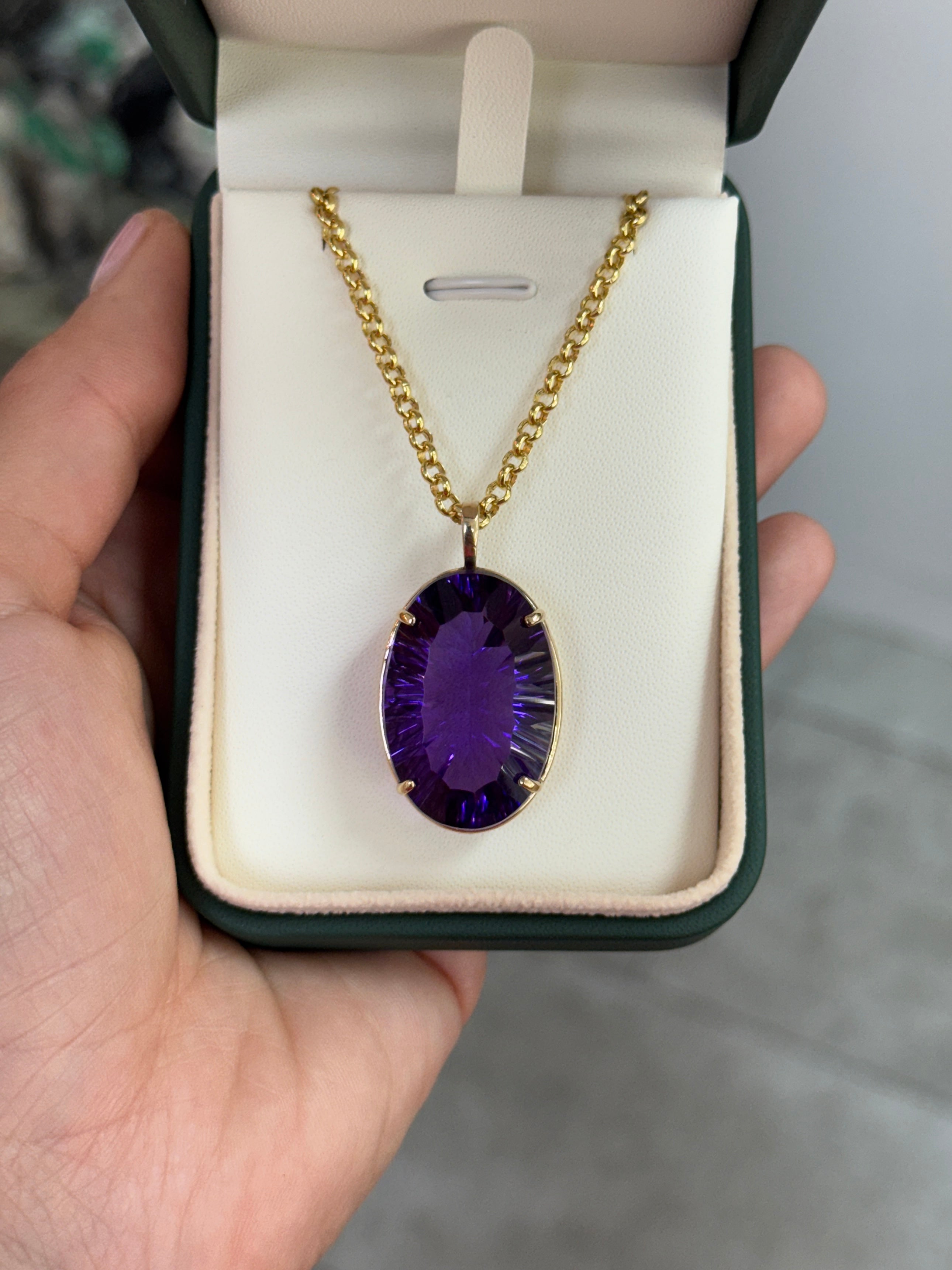 39.10 Carat Oval Crisscut Amethyst Pendant Deep Purple Statement Gemstone In Fine Gold Setting