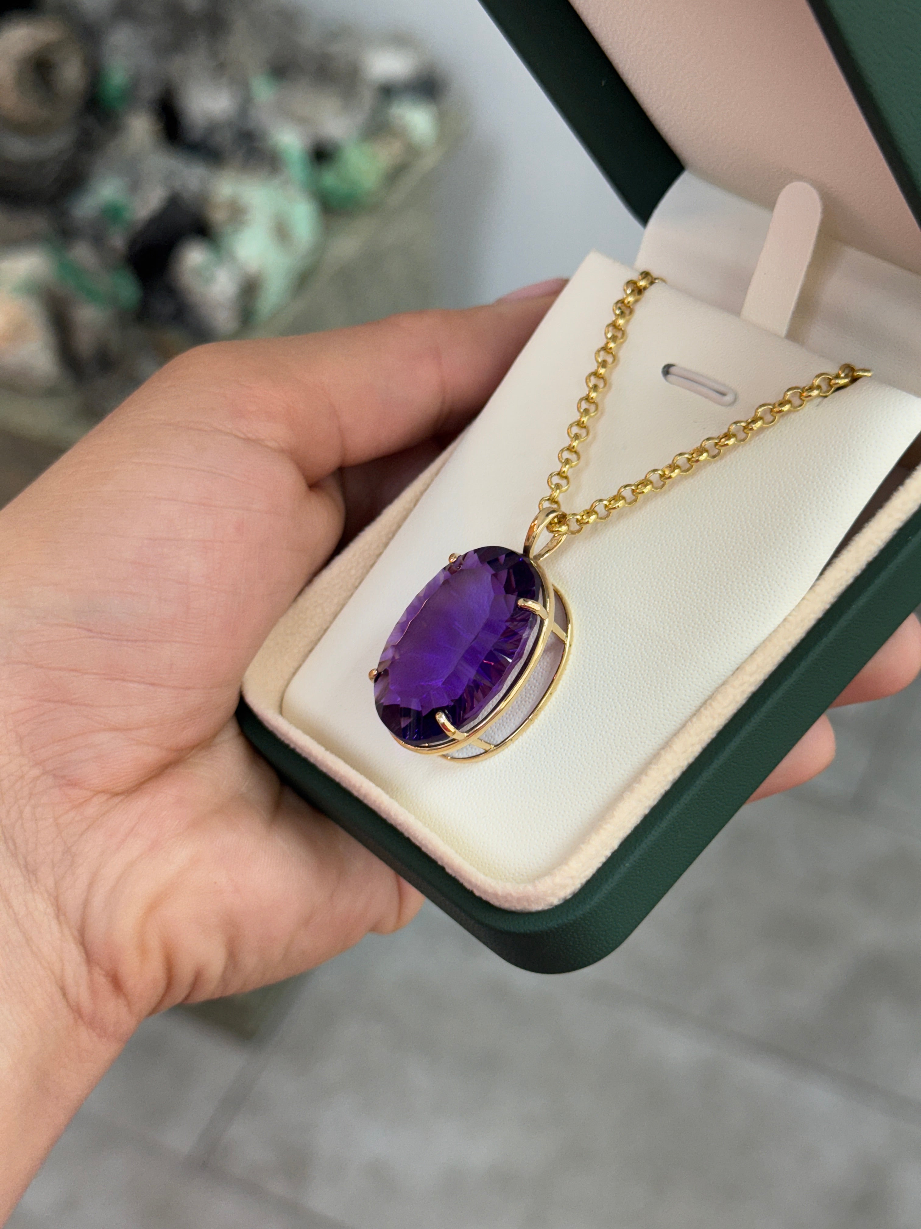39.10 Carat Oval Crisscut Amethyst Pendant Deep Purple Statement Gemstone In Fine Gold Setting