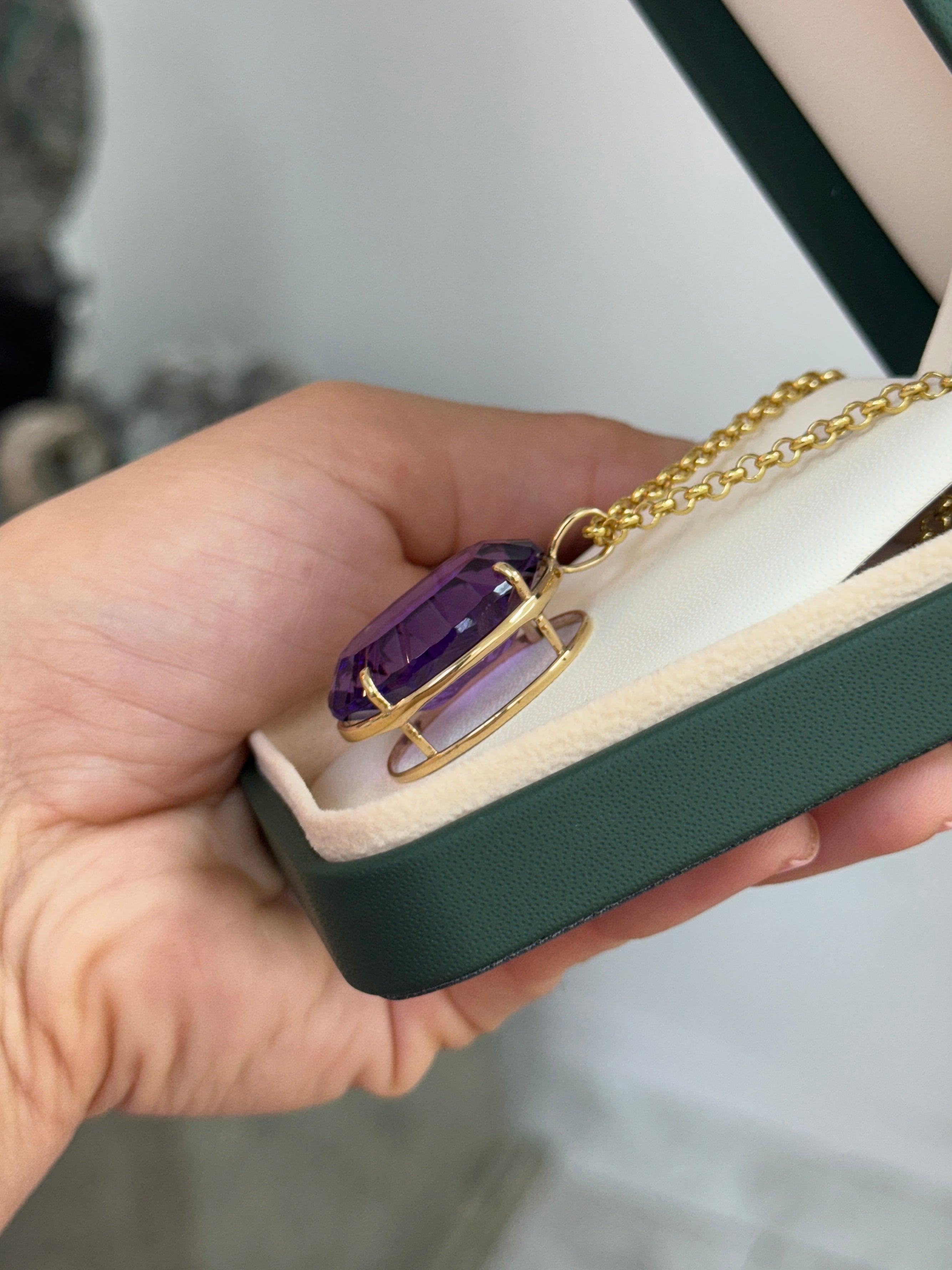 39.10 Carat Oval Crisscut Amethyst Pendant Deep Purple Statement Gemstone In Fine Gold Setting